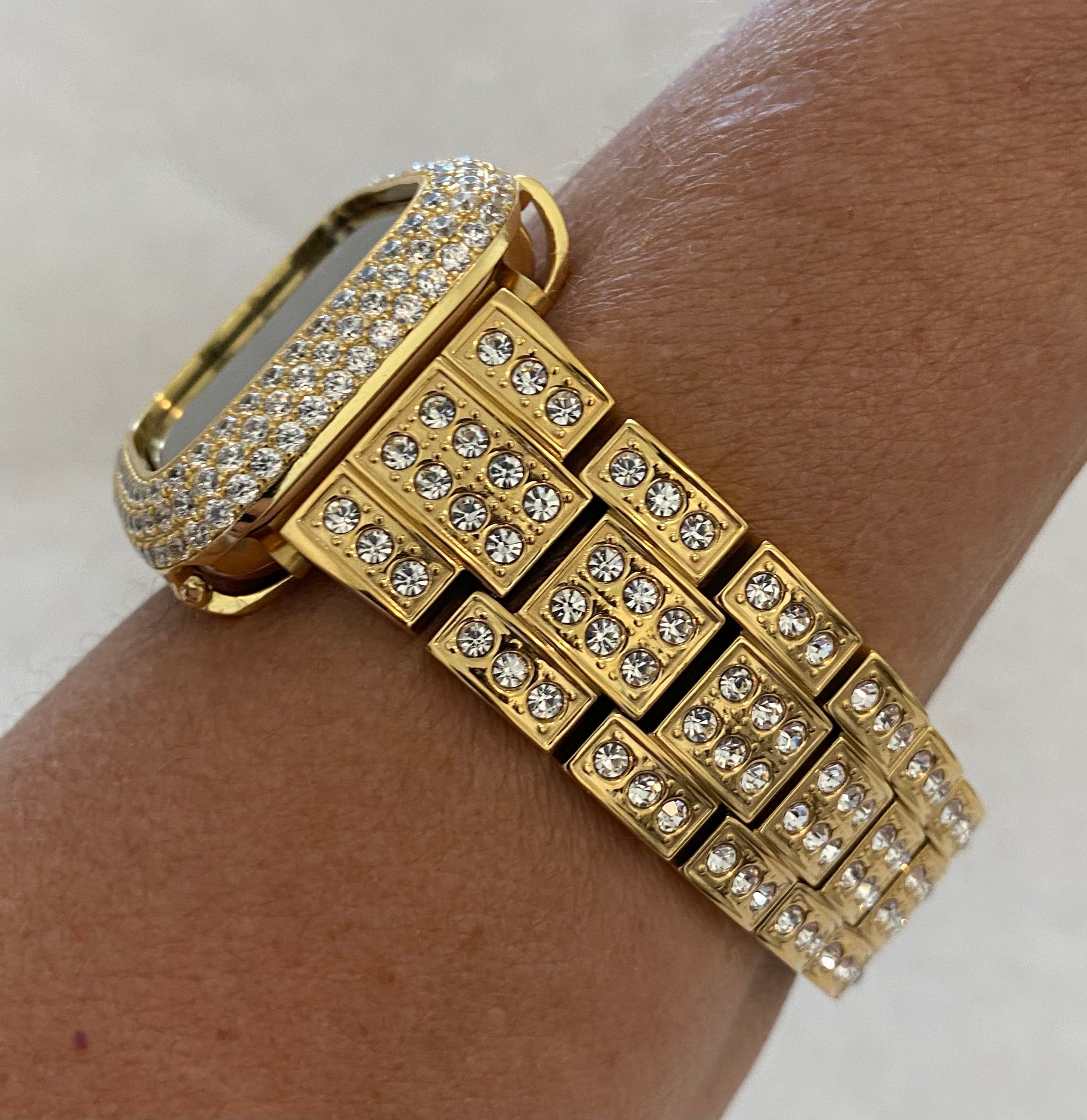 Apple Watch Band Gold Stainless Steel Swarovski Crystals & or Apple Watch Cover Lab Diamond Bezel Series 2-10 38mm-49mm Ultra Iwatch Case