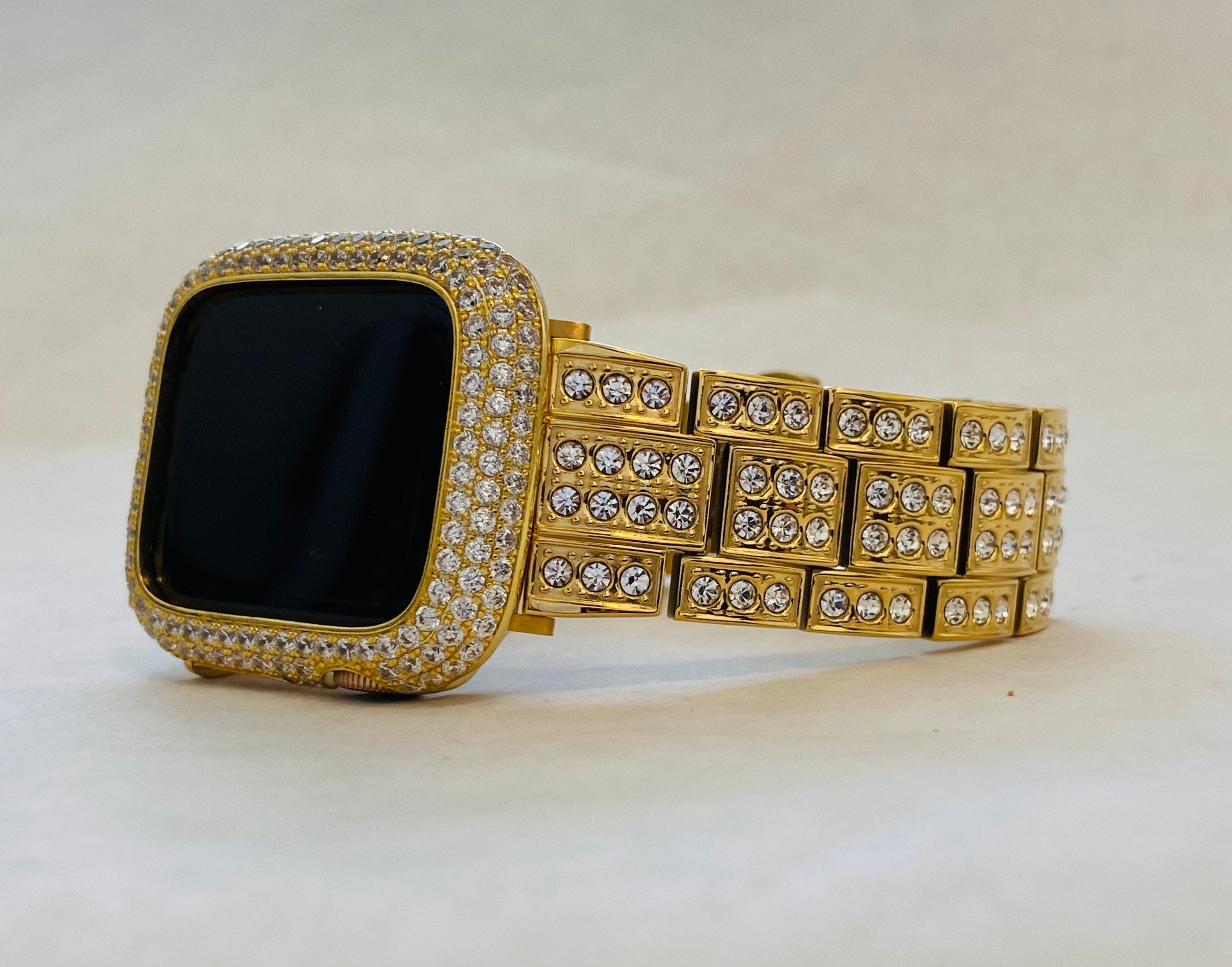 Apple Watch Band Gold Stainless Steel Swarovski Crystals & or Apple Watch Cover Lab Diamond Bezel Series 2-10 38mm-49mm Ultra Iwatch Case
