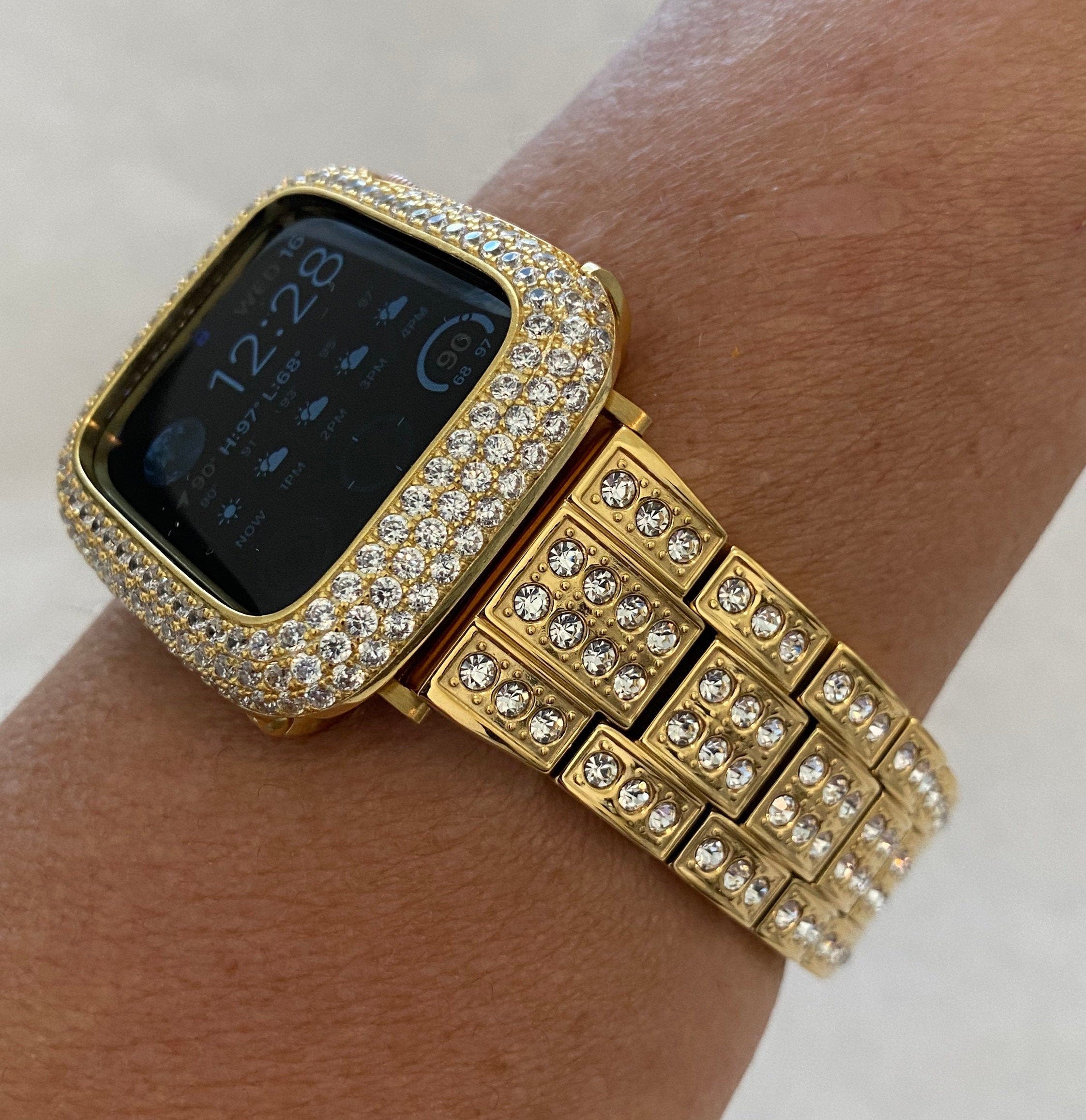 Apple Watch Band Gold Stainless Steel Swarovski Crystals & or Apple Watch Cover Lab Diamond Bezel Series 2-10 38mm-49mm Ultra Iwatch Case
