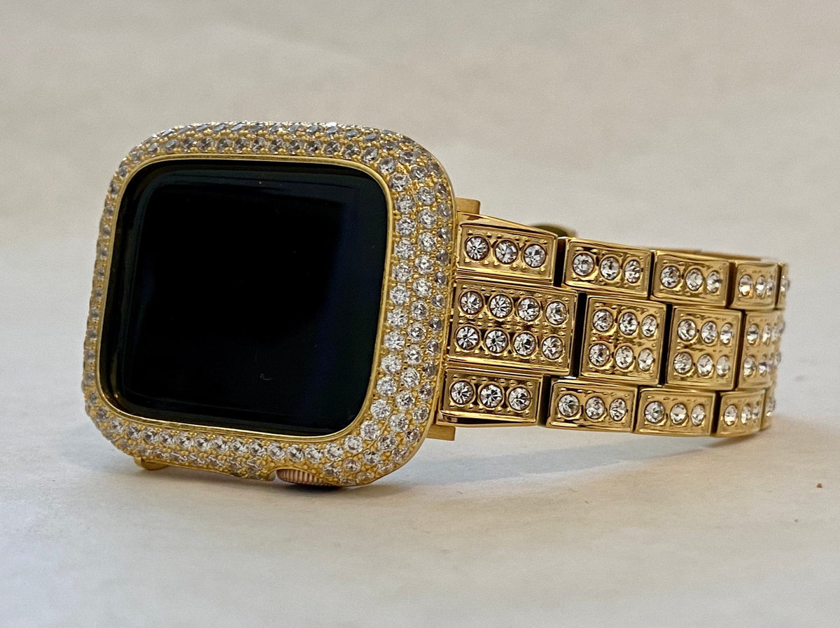 Apple Watch Band Gold Crystals & or Apple Watch Cover Lab Diamond Bezel Case Smartwatch Bling 38mm-49mm Ultra Series 1-8