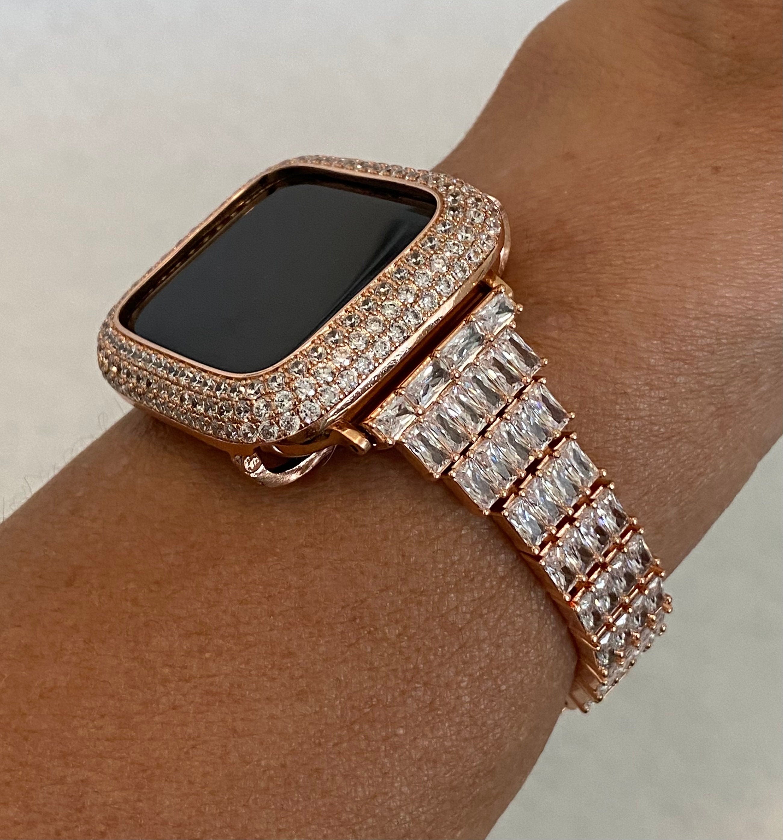 Designer Apple Watch Band 41mm 45mm 49mm Rose Gold Swarovski Crystal & or Apple Watch Case Lab Diamond Bezel Cover Smartwatch Bumper 38-44mm