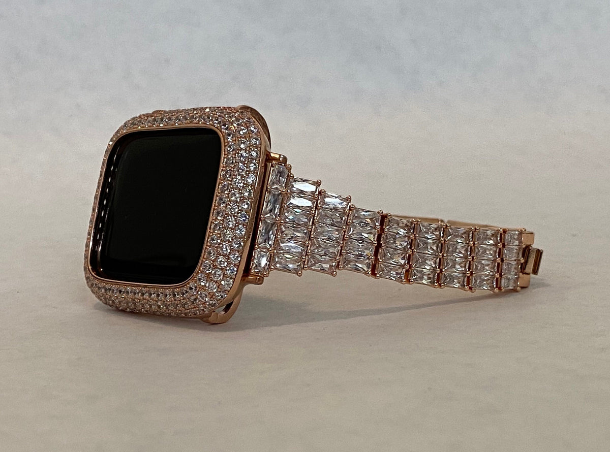 Rose Gold Apple Watch Band Swarovski Crystal Baguettes & or Apple Watch Cover Lab Diamond Bezel Case Smartwatch Bumper Bling 38mm-49mm Ultra
