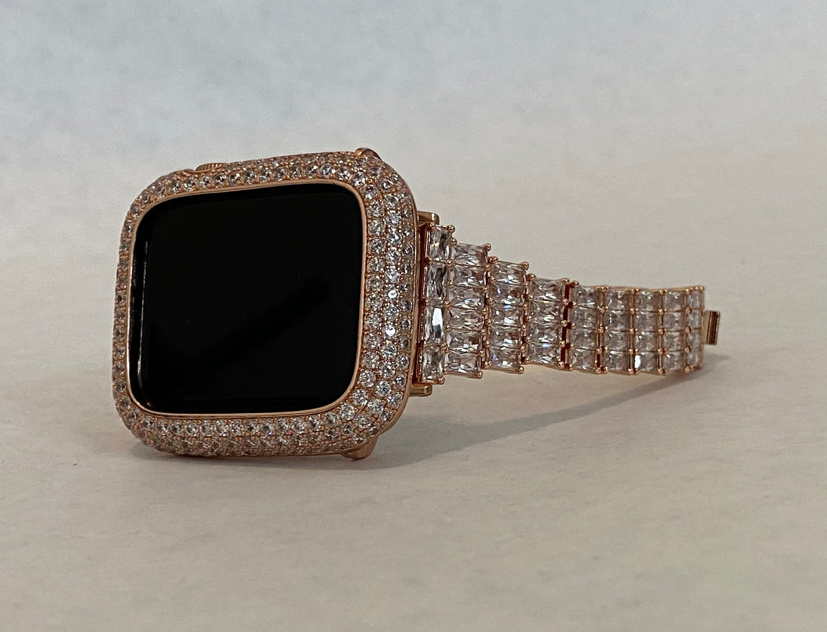Apple Watch Band Women Women Rose Gold Custom Baguette & or Apple Watch Cover Lab Diamond Bezel for Iphone Watch Case 38mm-49mm Ultra