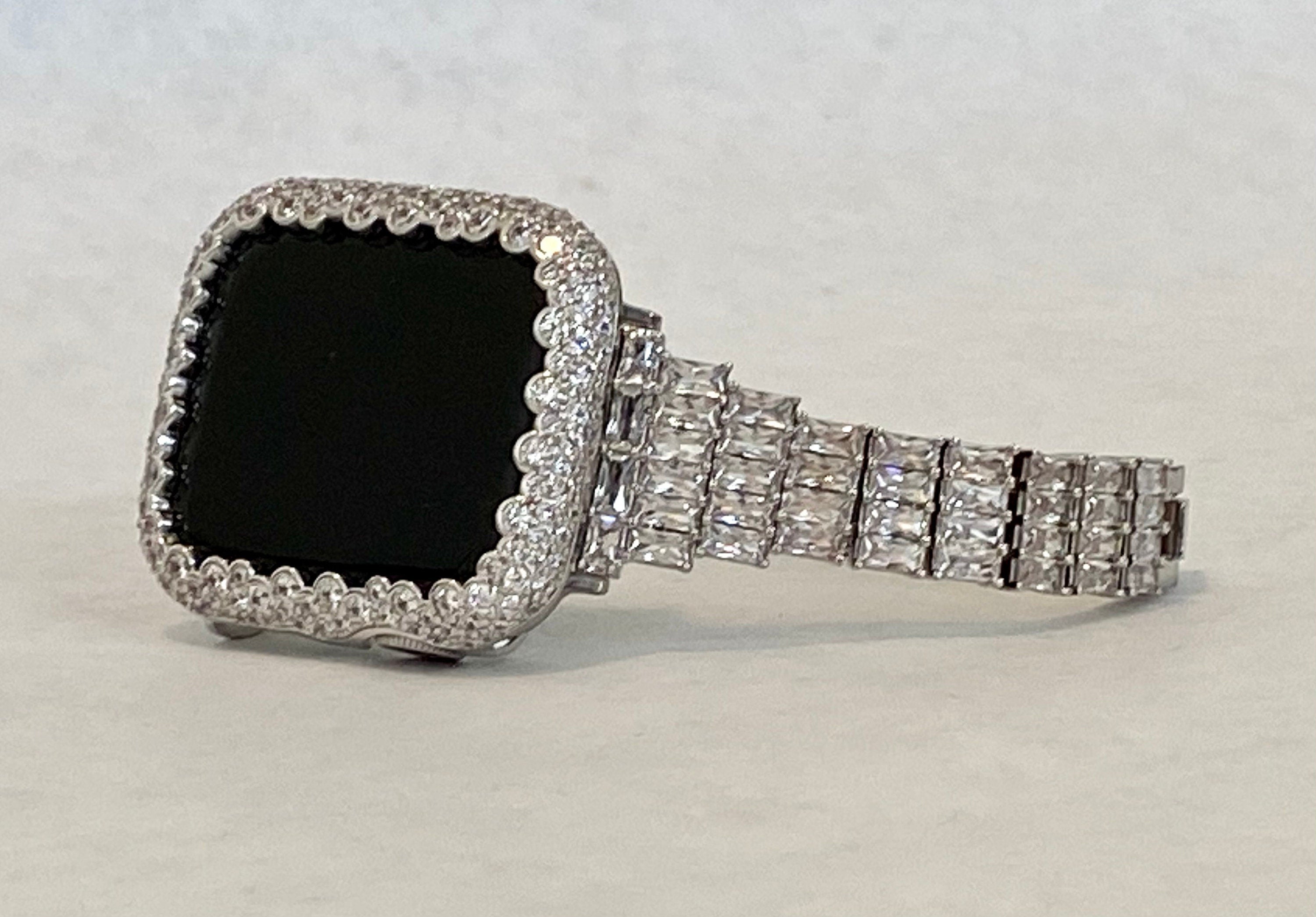 Apple Watch Band Women's Designer Silver with Swarovski Crystal Baguettes and or Apple Watch Cover with Lab Diamonds. Sizes 38mm to 49mm Ultra.