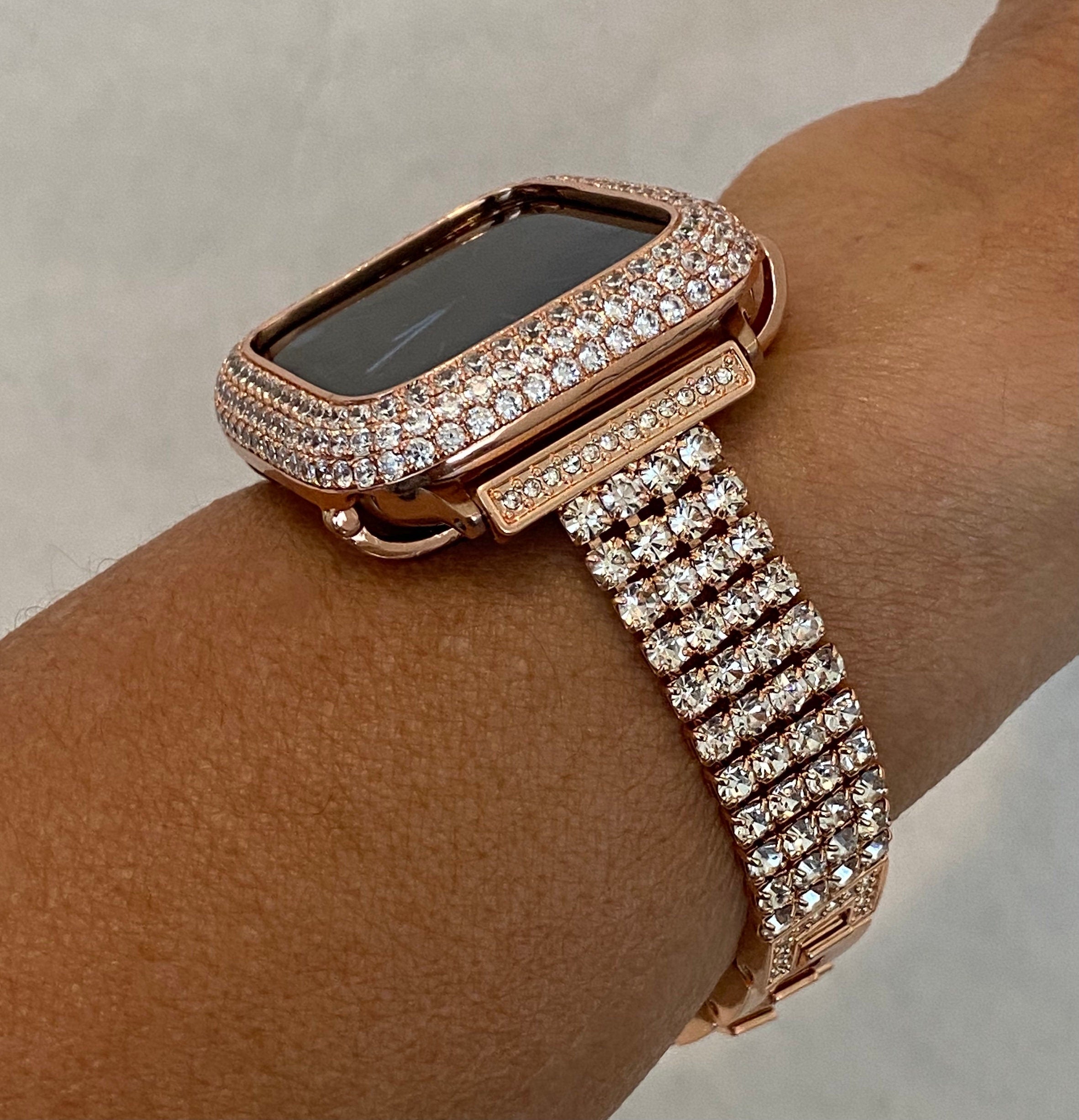 Apple Watch Band Women Rose Gold Swarovski Crystals Series 10 & or Apple Watch Cover Lab Diamond Bezel 38mm 40mm 41mm 42mm 44mm 45mm 46mm