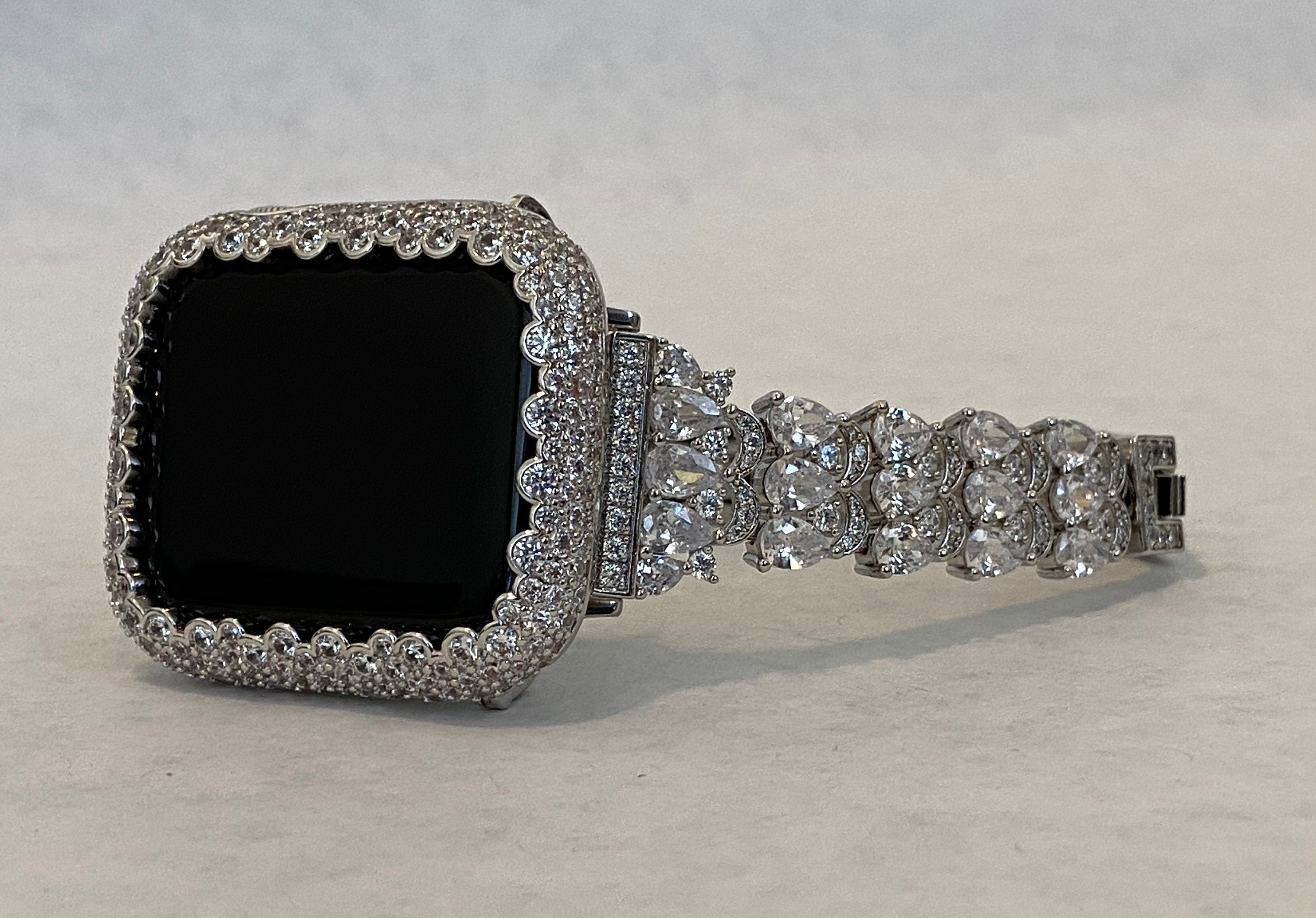 White Gold Apple Watch Band 49mm Ultra 41mm 45mm Swarovski Crystals & or Apple Watch Case Lab Diamond Bezel Bumper Cover Iwatch Candy