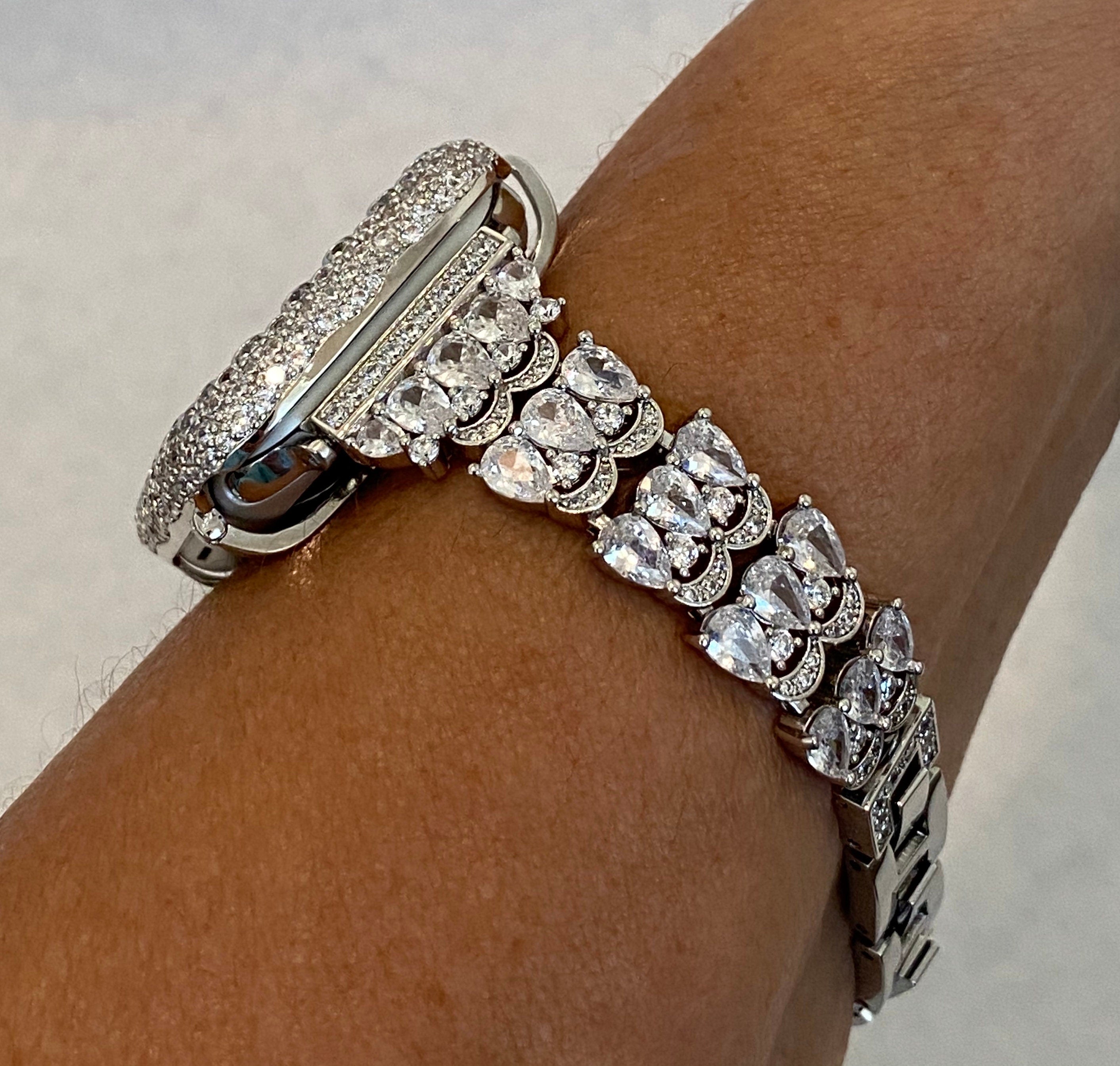 White Gold Apple Watch Band 49mm Ultra 41mm 45mm Swarovski Crystals & or Apple Watch Case Lab Diamond Bezel Bumper Cover Iwatch Candy