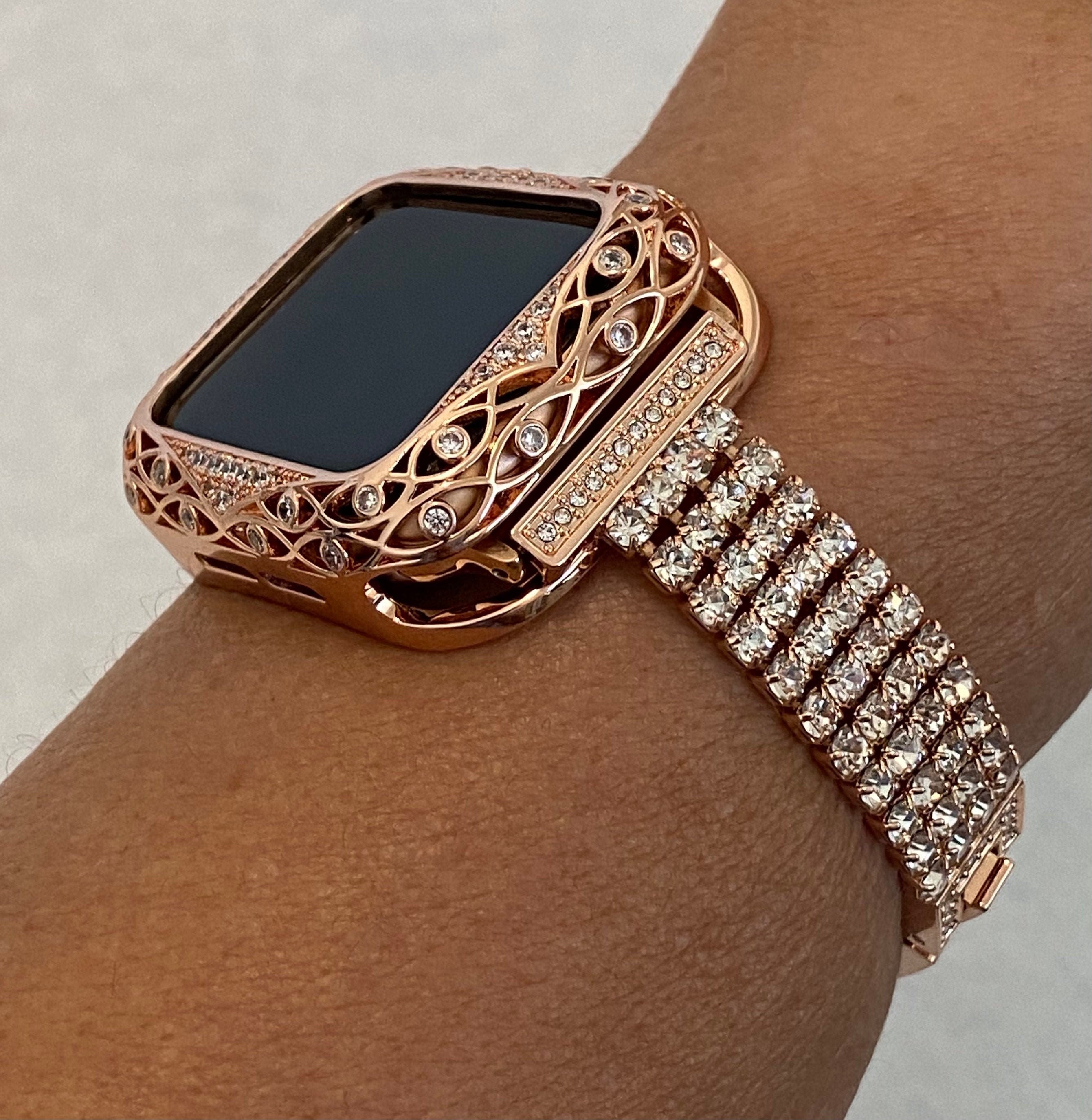 Series 9 41mm 45mm Apple Watch Band Rose Gold Swarovski Crystals & or Apple Watch Cover Lab Diamond Bezel Iphone Watch Case Iwatch Candy