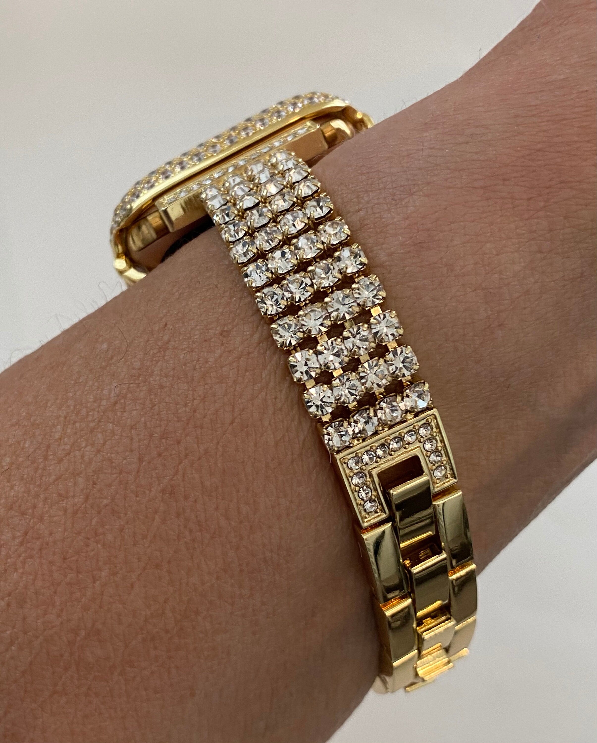 Apple Watch Band Womens 41mm 45mm 49mm Ultra Yellow Gold Handmade 38mm 40mm 42mm 44mm & or Lab Diamond Bezel Cover Series 7-8