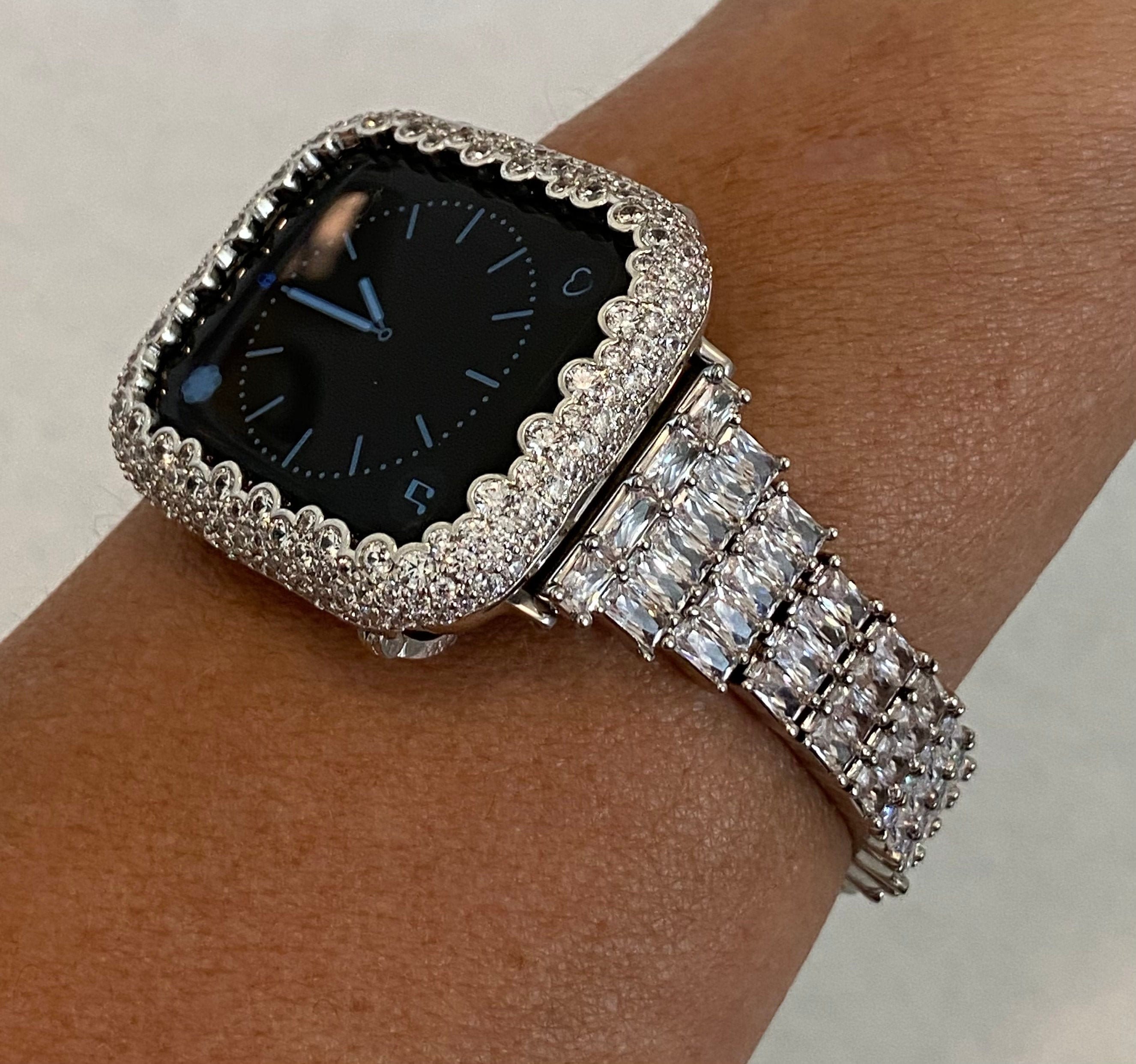 Apple Watch Band Women's Designer Silver with Swarovski Crystal Baguettes and or Apple Watch Cover with Lab Diamonds. Sizes 38mm to 49mm Ultra.