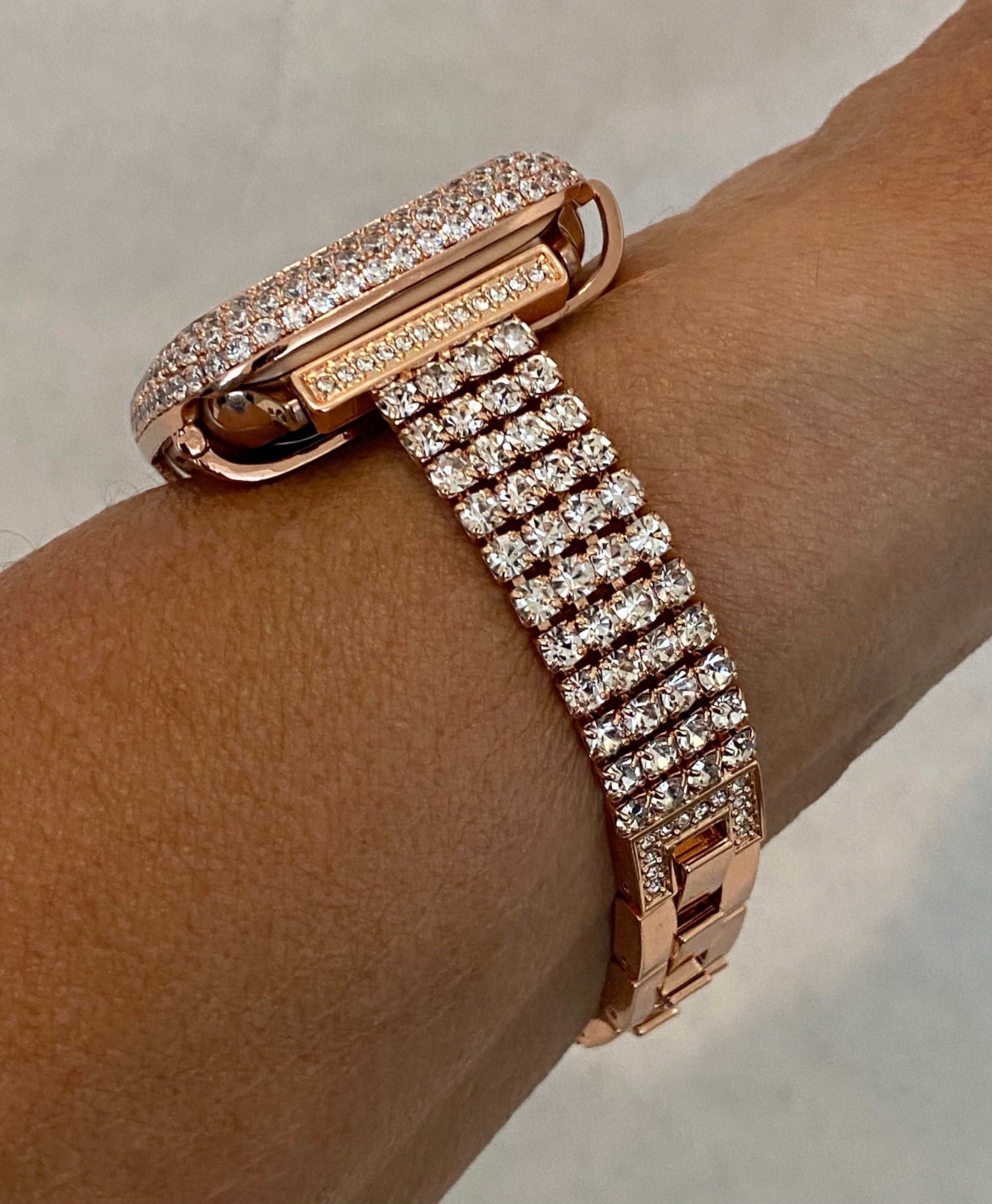 Apple Watch Band Women Rose Gold Swarovski Crystals Series 10 & or Apple Watch Cover Lab Diamond Bezel 38mm 40mm 41mm 42mm 44mm 45mm 46mm