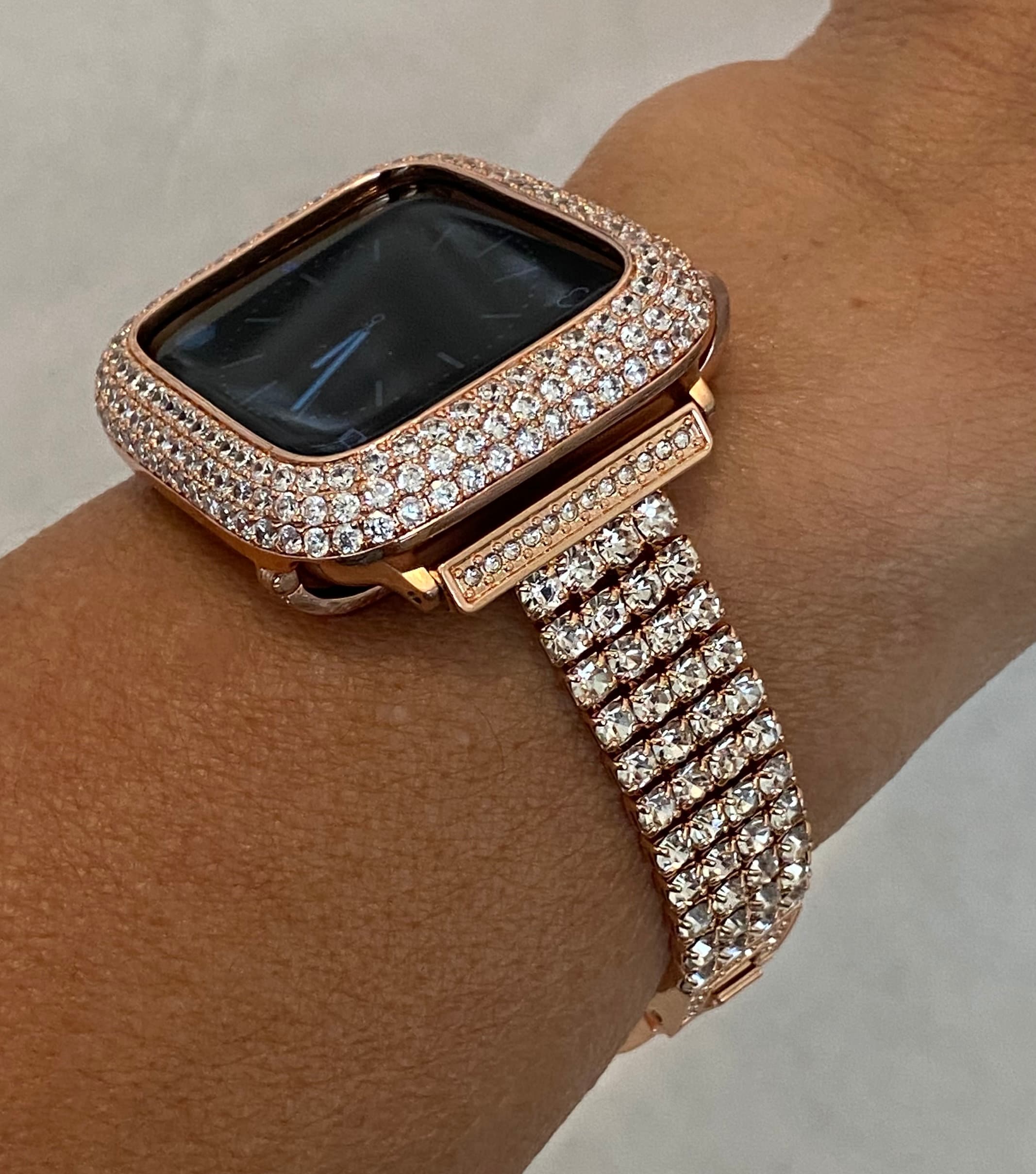 Apple Watch Band Women Rose Gold Crystals 49mm Ultra & or Apple Watch Cover Lab Diamond Bezel 38mm 40mm 41mm 42mm 44mm 45mm