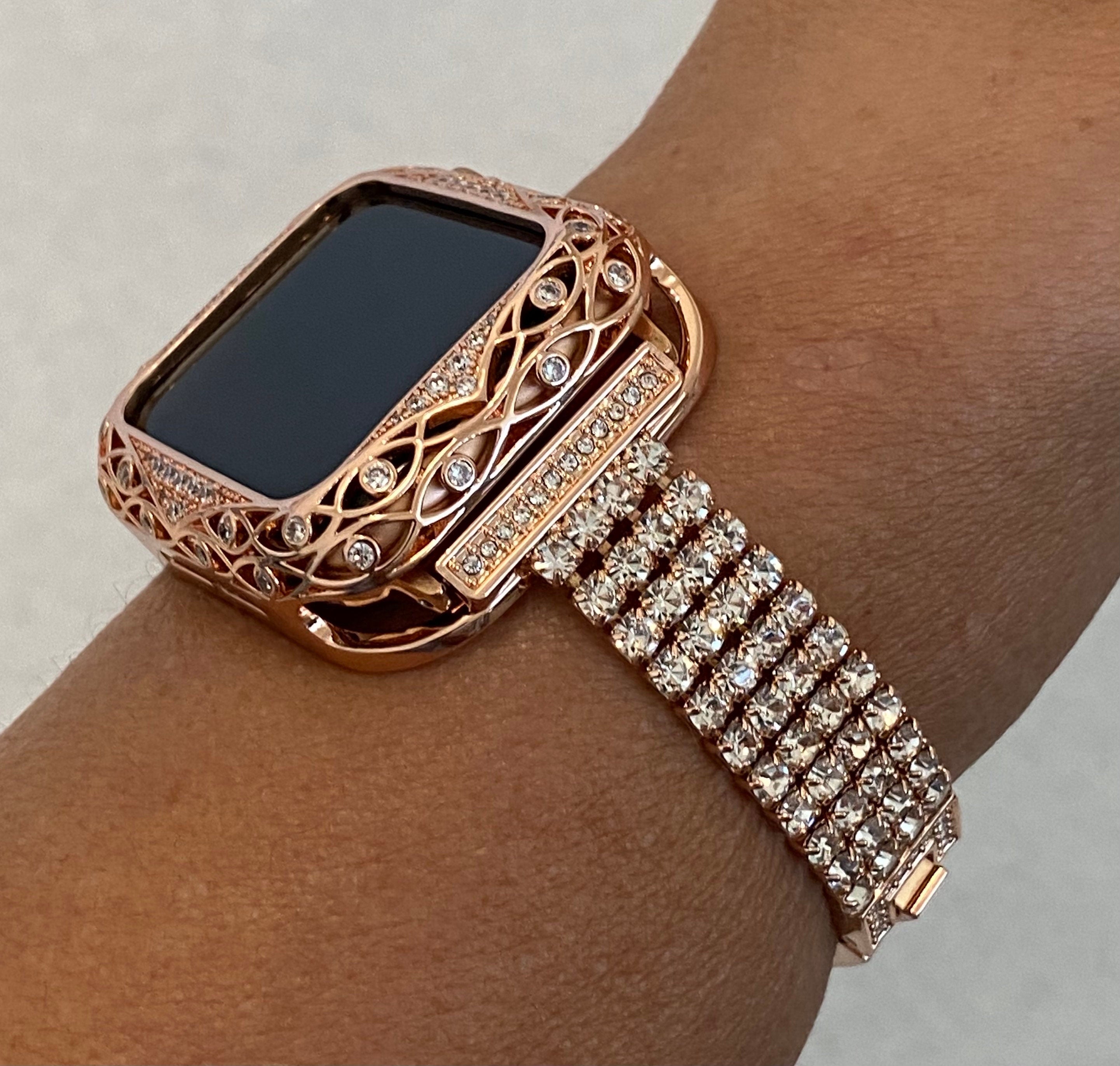 Series 9 41mm 45mm Apple Watch Band Rose Gold Swarovski Crystals & or Apple Watch Cover Lab Diamond Bezel Iphone Watch Case Iwatch Candy