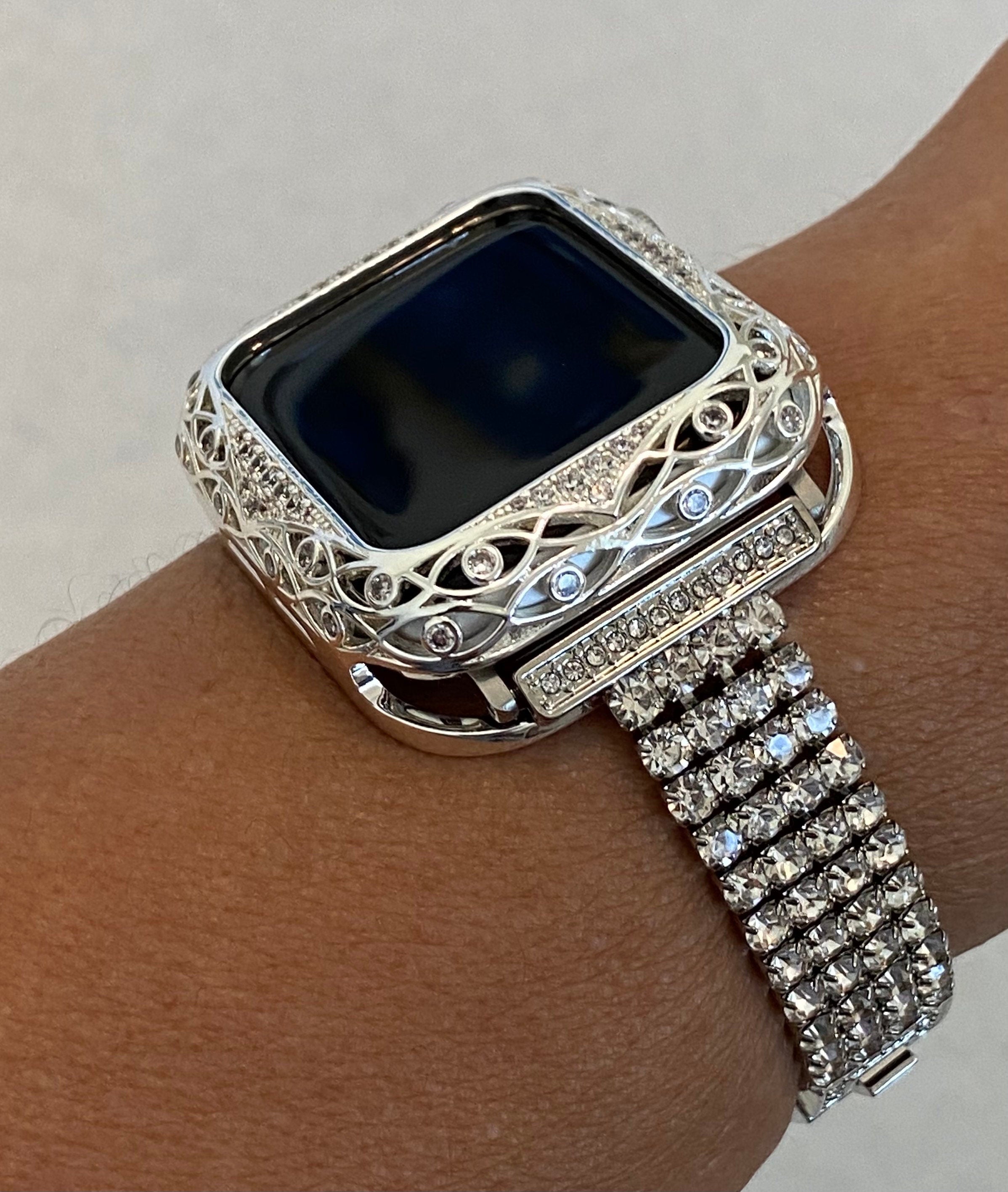 Series 2-11 Apple Watch Band Women Silver Swarovski Crystal 38mm-46mm & or Apple Watch Cover Swarovski Crystal Apple Watch Case Bling