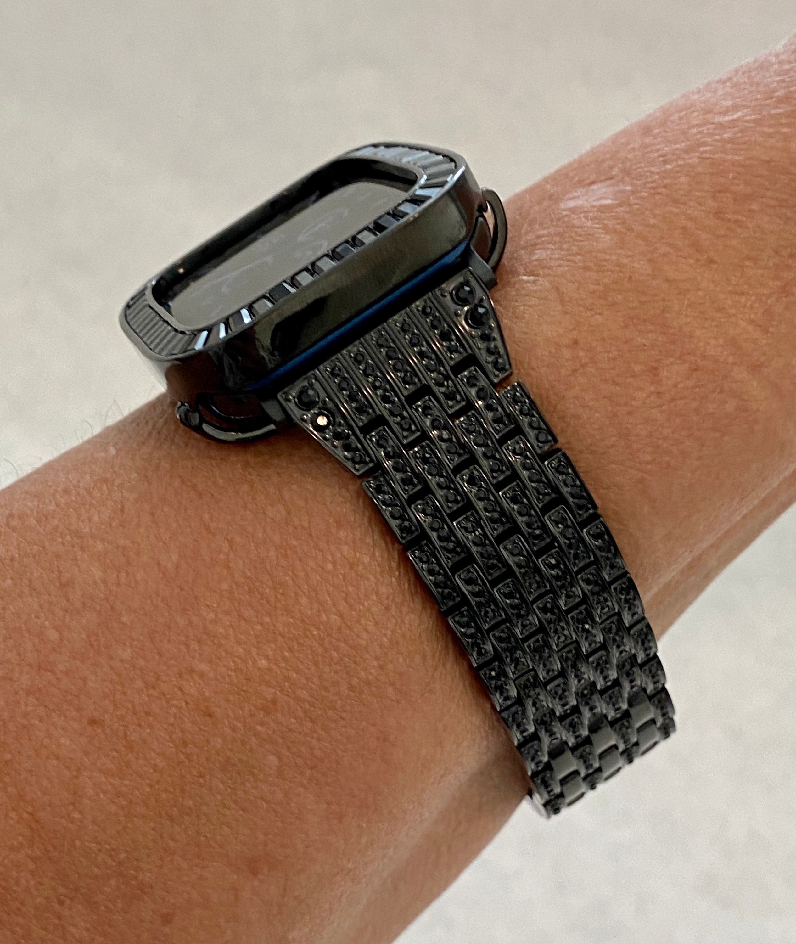 Series 2-10 Apple Watch Band Black on Black Swarovski Crystals & or Apple Watch Cover Lab Diamonds Bezel 38mm-49mm Ultra Bling