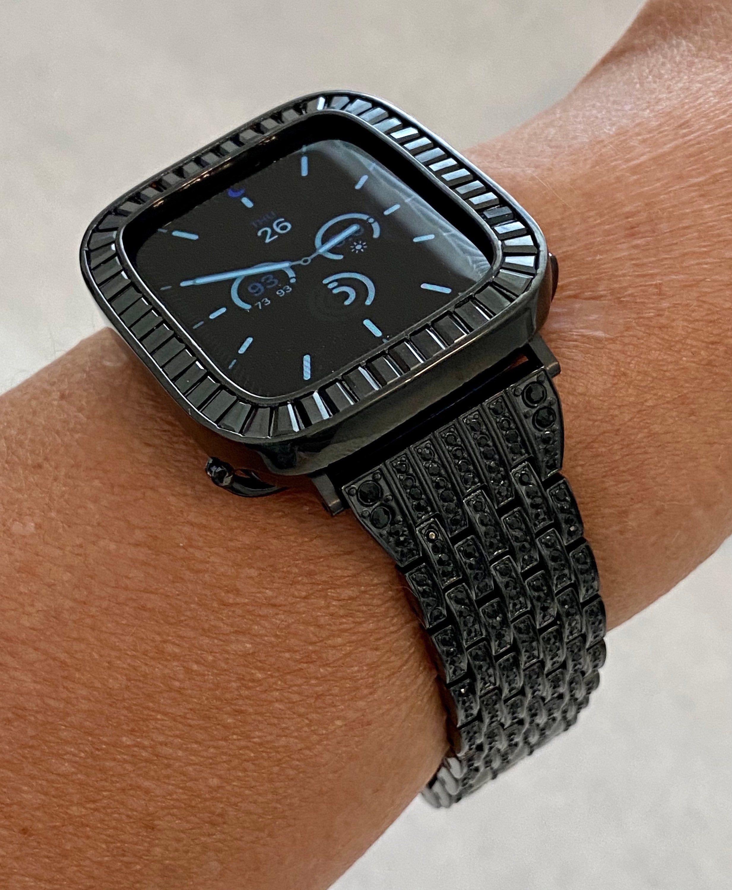 Series 2-10 Apple Watch Band Black on Black Swarovski Crystals & or Apple Watch Cover Lab Diamonds Bezel 38mm-49mm Ultra Bling