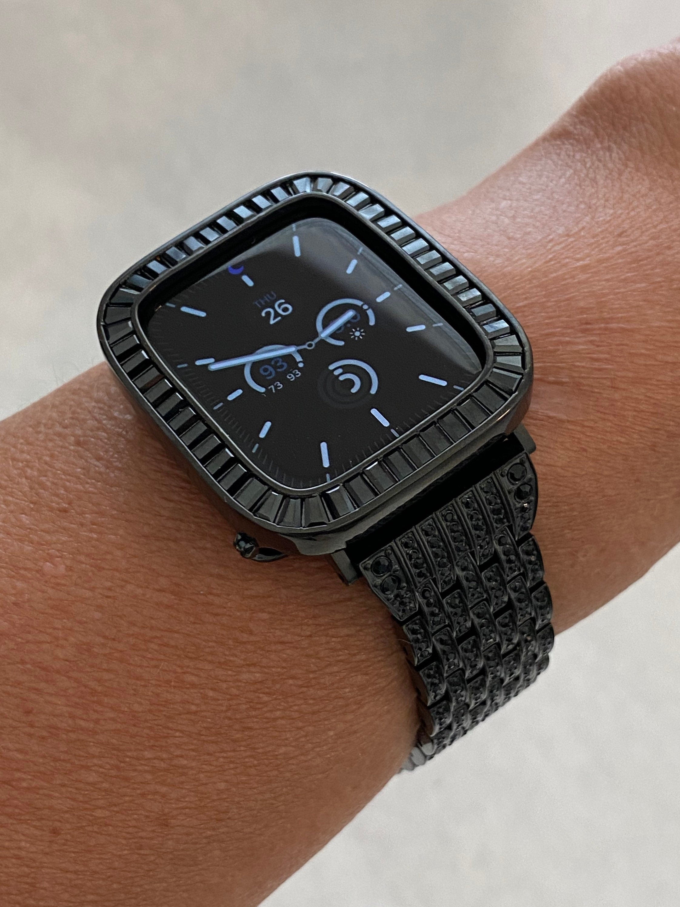 Series 2-9 Apple Watch Band Black on Black Swarovski Crystals & or Apple Watch Cover Lab Diamonds Bezel 38mm 40mm 41mm 42mm 44mm 45mm Bling