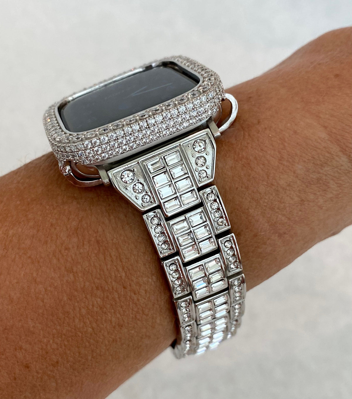 Silver Apple Watch Band Swarovski Crystal Baguettes Stainless Steel & or Apple Watch Cover Lab Diamond Bezel 38-49mm Ultra Series 12 - 11