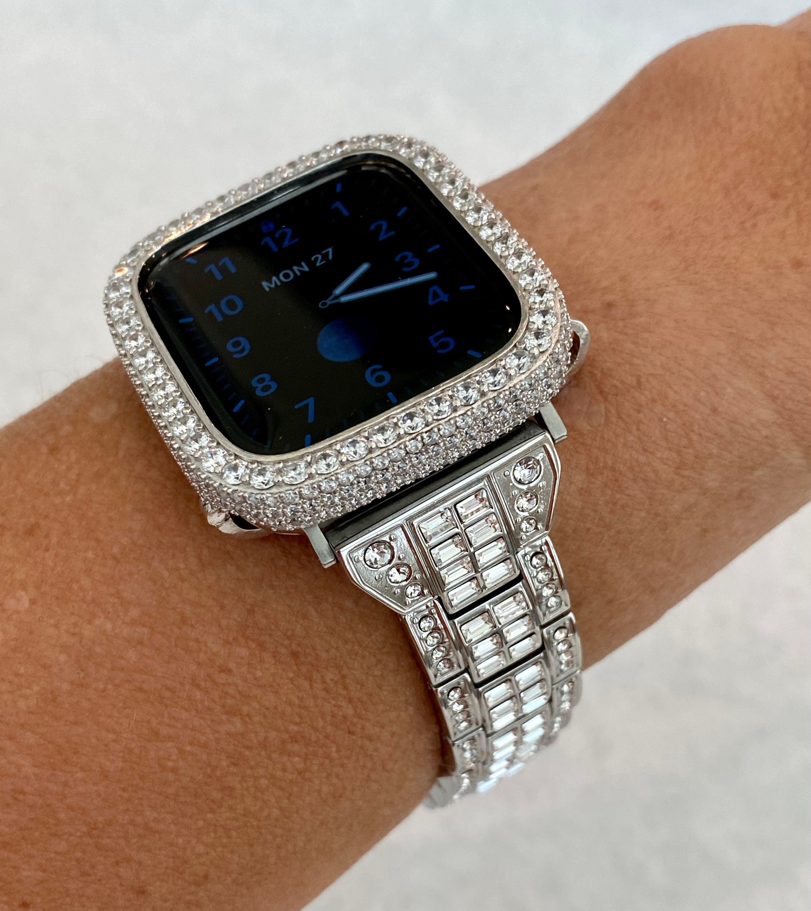 Silver Apple Watch Band Swarovski Crystal Baguettes Stainless Steel & or Apple Watch Cover Lab Diamond Bezel 38-49mm Ultra Series 10 - 11