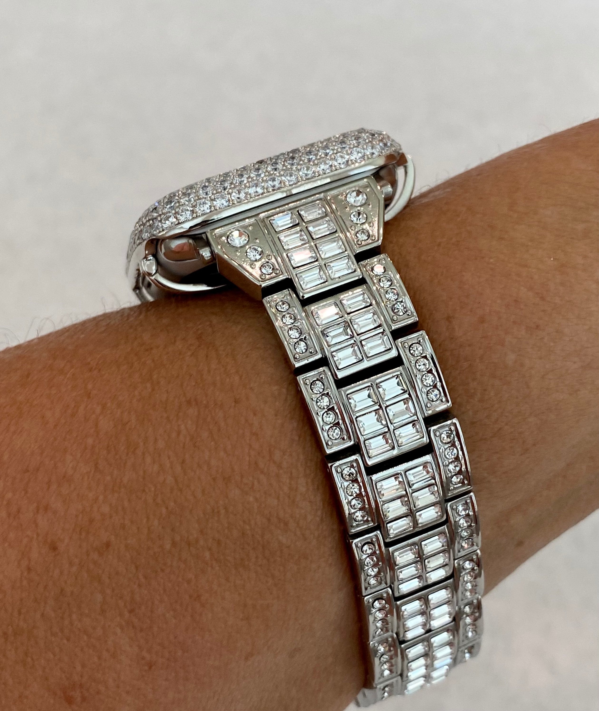 Silver Apple Watch Band Swarovski Crystals Baguettes 38mm-49mm Ultra & or Apple Watch Cover Lab Diamond Bezel Apple Watch Case Iwatch Candy