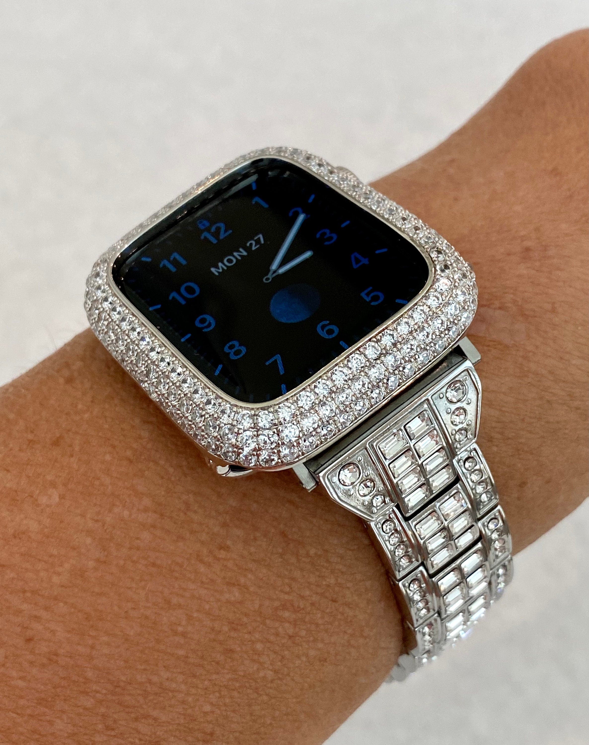 Silver Apple Watch Band Swarovski Crystals Baguettes 38mm-49mm Ultra & or Apple Watch Cover Lab Diamond Bezel Apple Watch Case Iwatch Candy