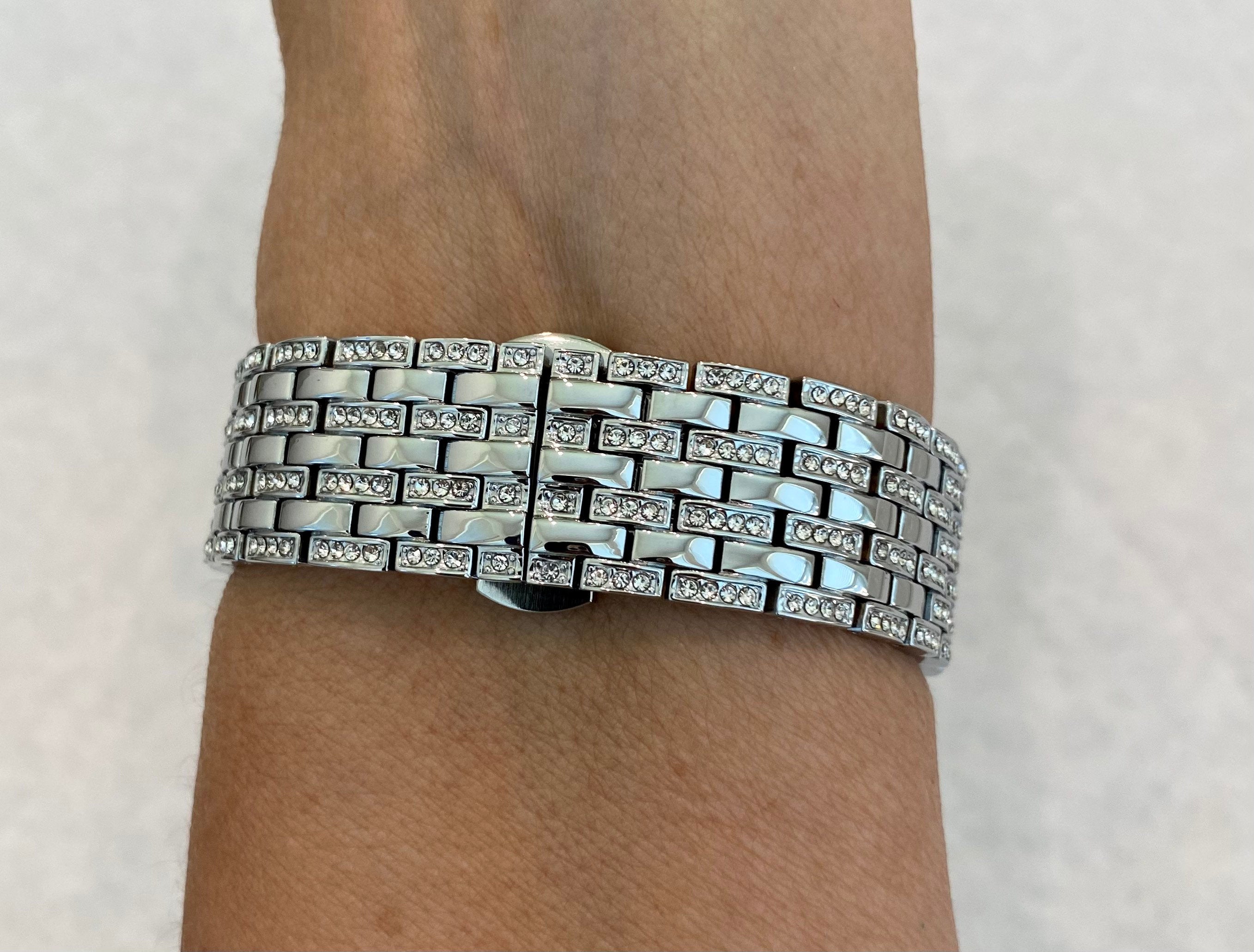 Custom Silver Apple Watch Band Stainless Steel Pave Swarovski Crystals & or Apple Watch Case Lab Diamond Baguette Bezel Bling 40mm-45mm