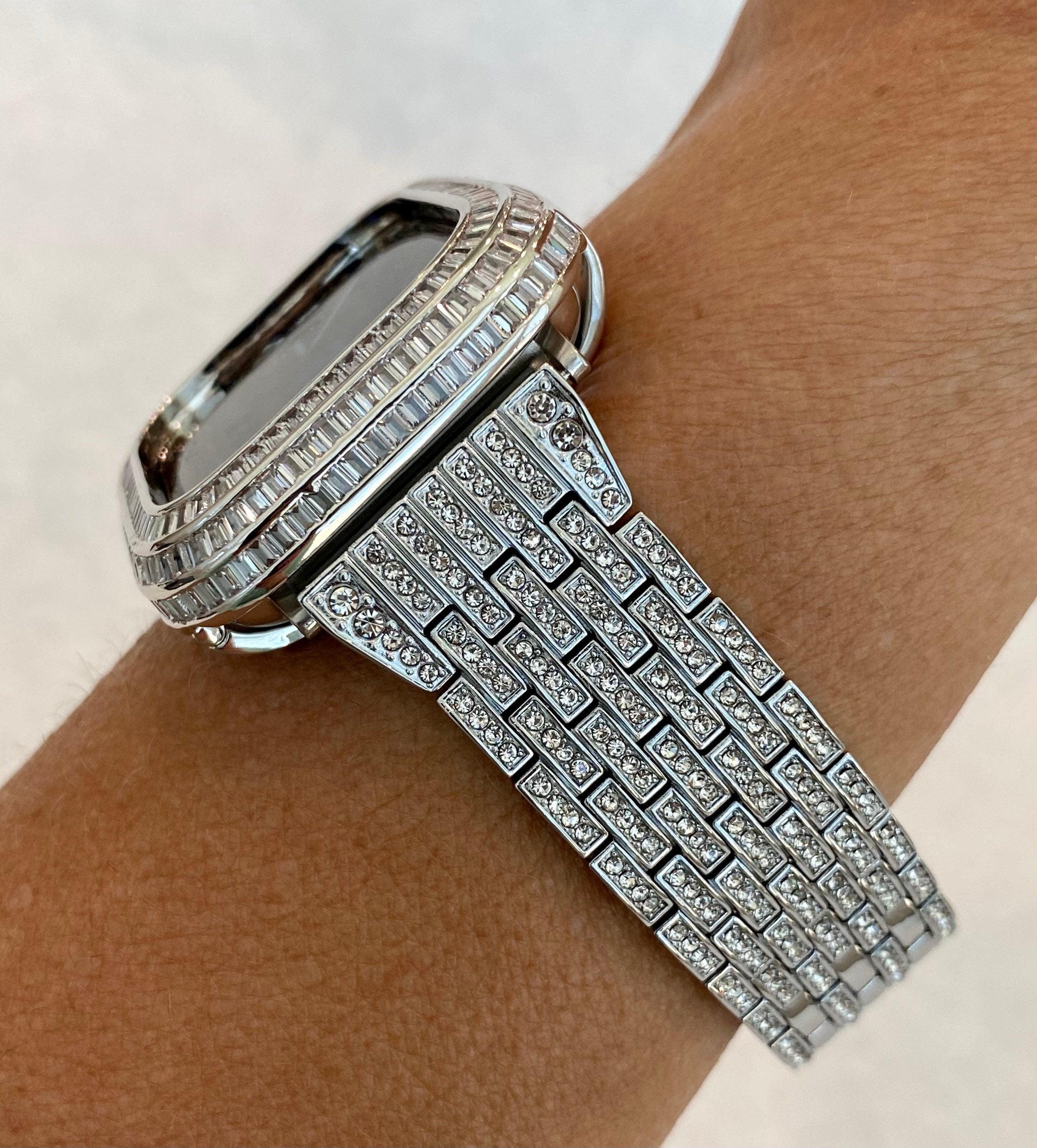 Custom Silver Apple Watch Band Stainless Steel Pave Swarovski Crystals & or Apple Watch Case Lab Diamond Baguette Bezel Bling 40mm-45mm