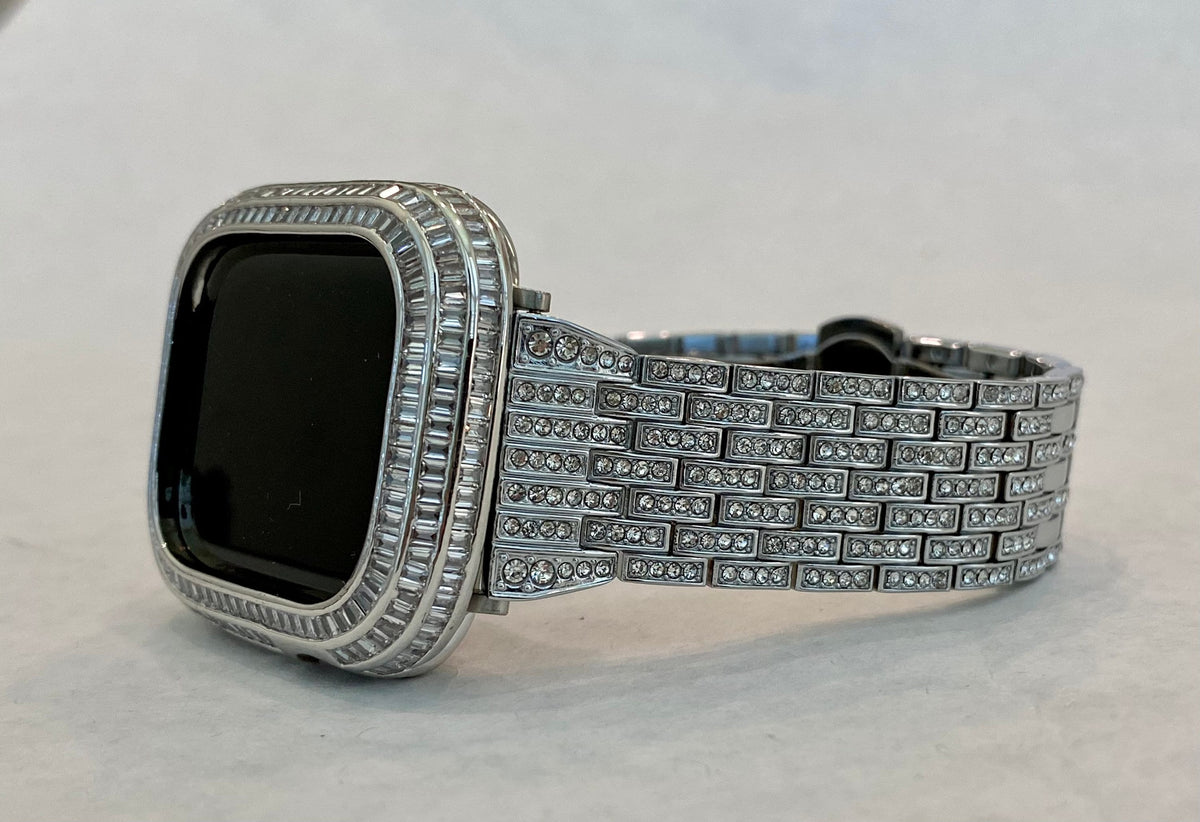 Custom Silver Apple Watch Band Stainless Steel Pave High End Crystals & or Apple Watch Case Lab Diamond Baguette Bezel Bling 40mm-45mm