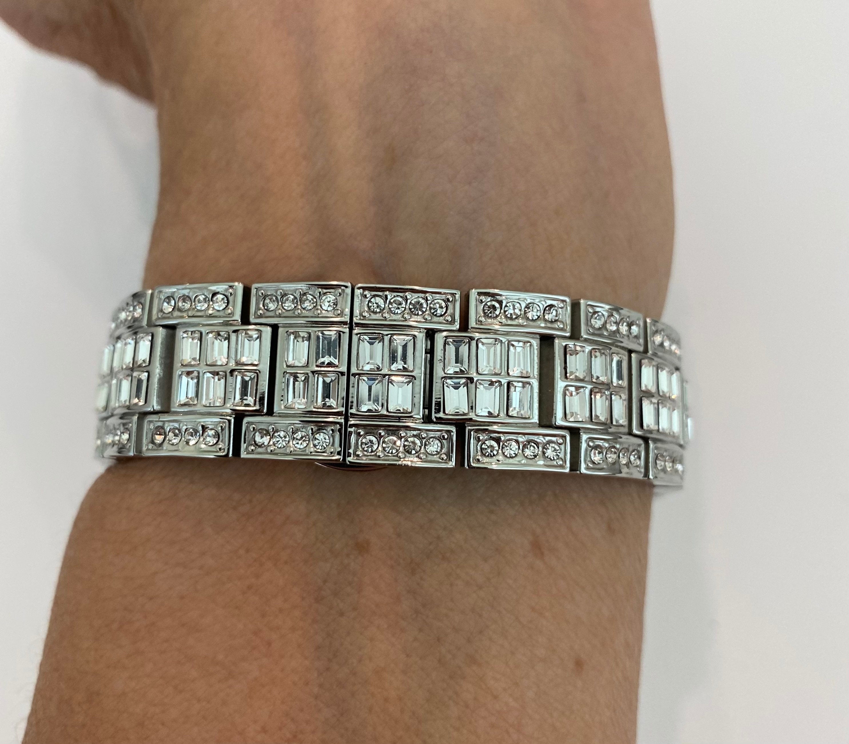 Silver Apple Watch Band Swarovski Crystal Baguettes Stainless Steel & or Apple Watch Cover Lab Diamond Bezel 38-49mm Ultra Series 12 - 11