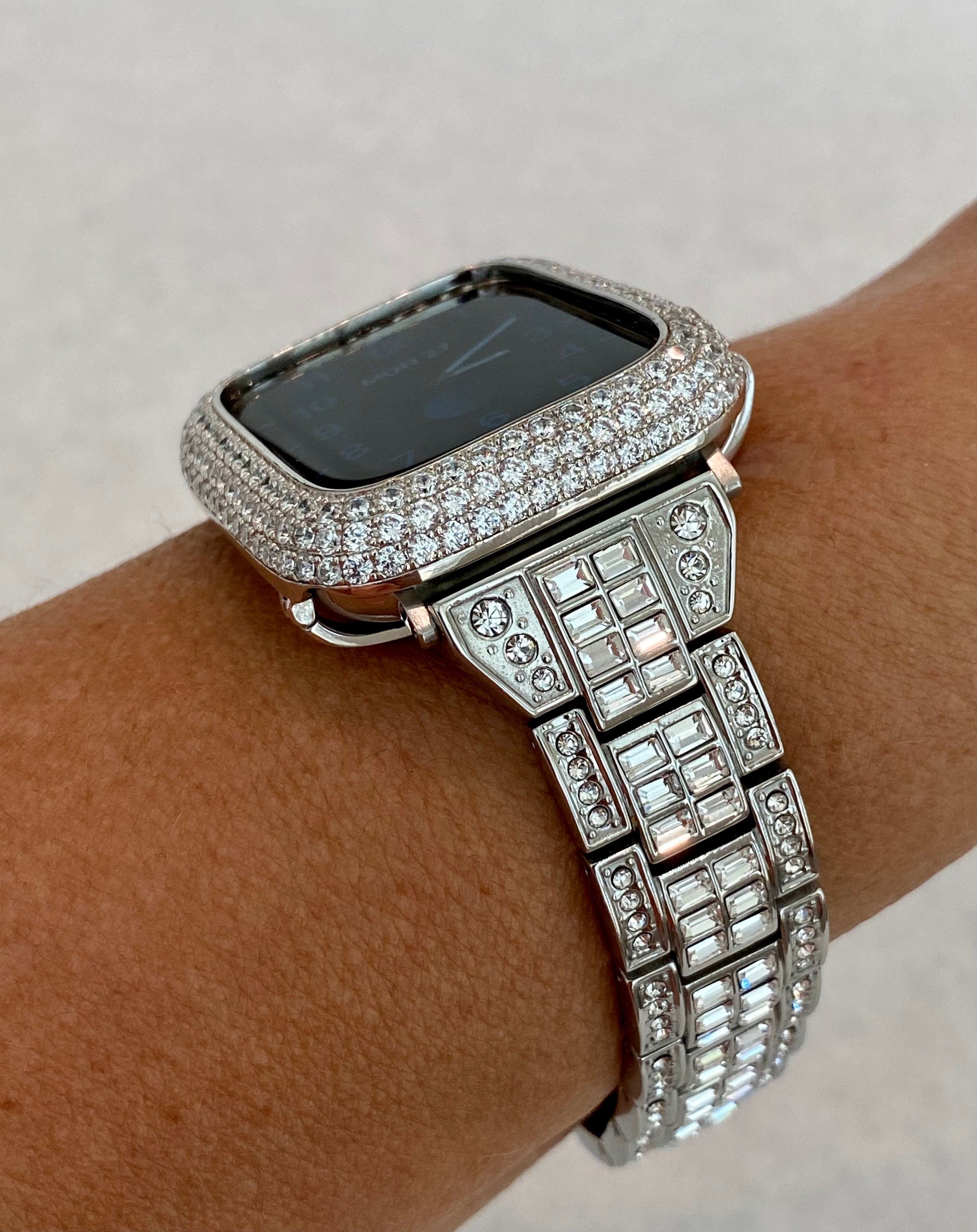 Silver Apple Watch Band Swarovski Crystals Baguettes 38mm-49mm Ultra & or Apple Watch Cover Lab Diamond Bezel Apple Watch Case Iwatch Candy