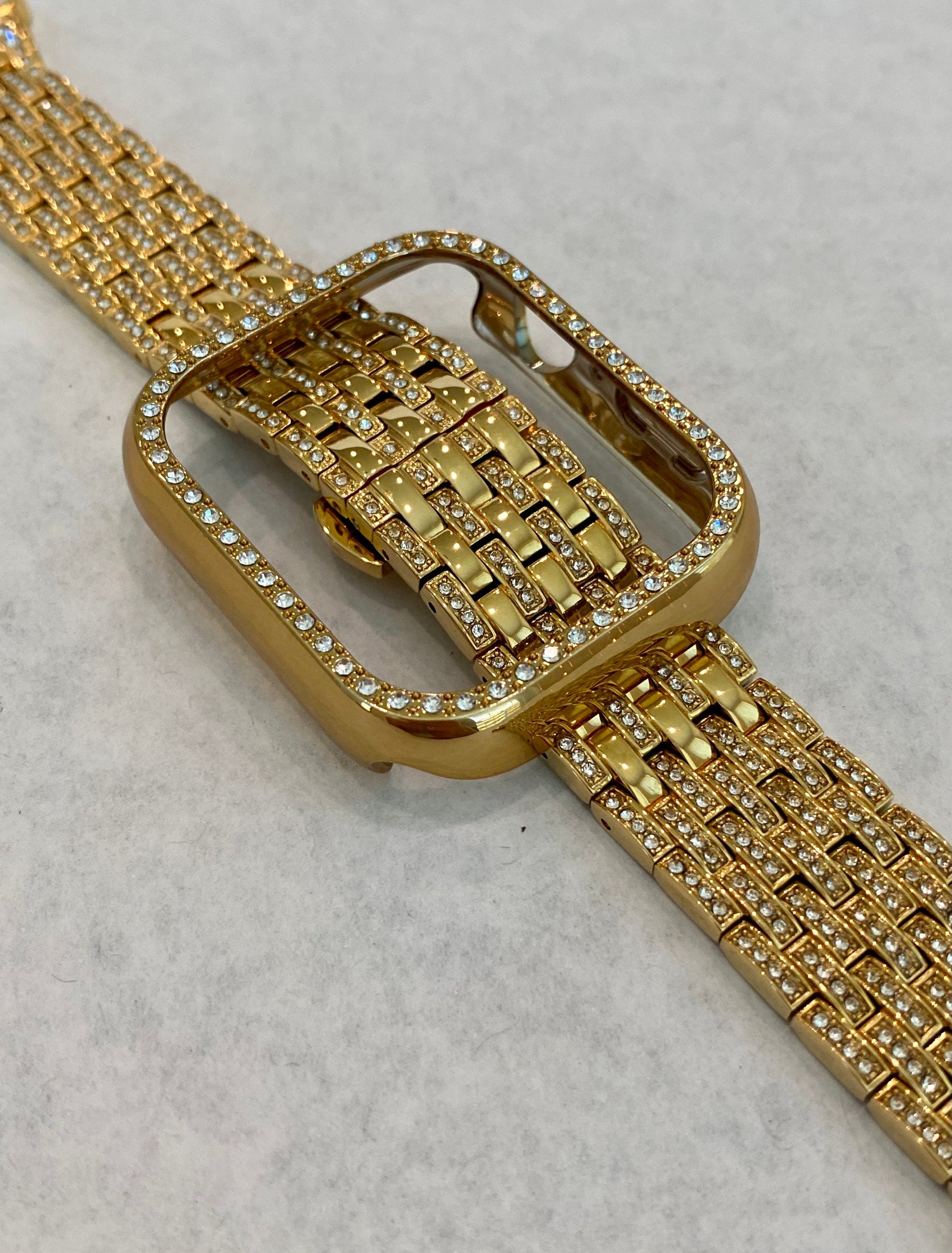 Apple Watch Band 41mm 45mm 49mm Ultra Yellow Gold Crystals & or Crystal Apple Watch Case Cover Bezel Smartwatch Bling