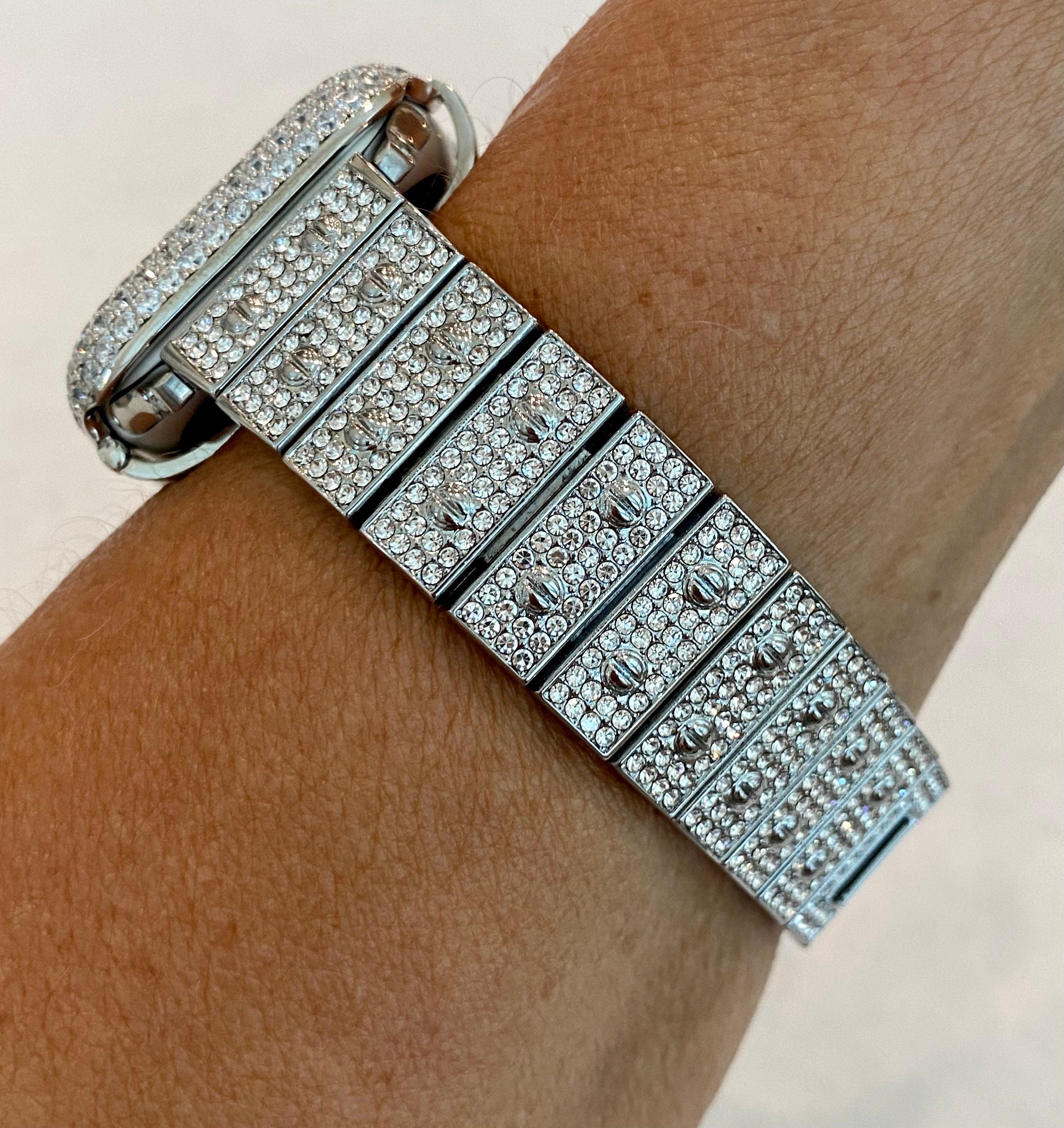 Apple Watch Band White Gold 41mm 45mm 49mm Swarovski Crystals & or Apple Watch Cover Lab Diamond Bezel Case Smartwatch Bumper 38mm-46mm