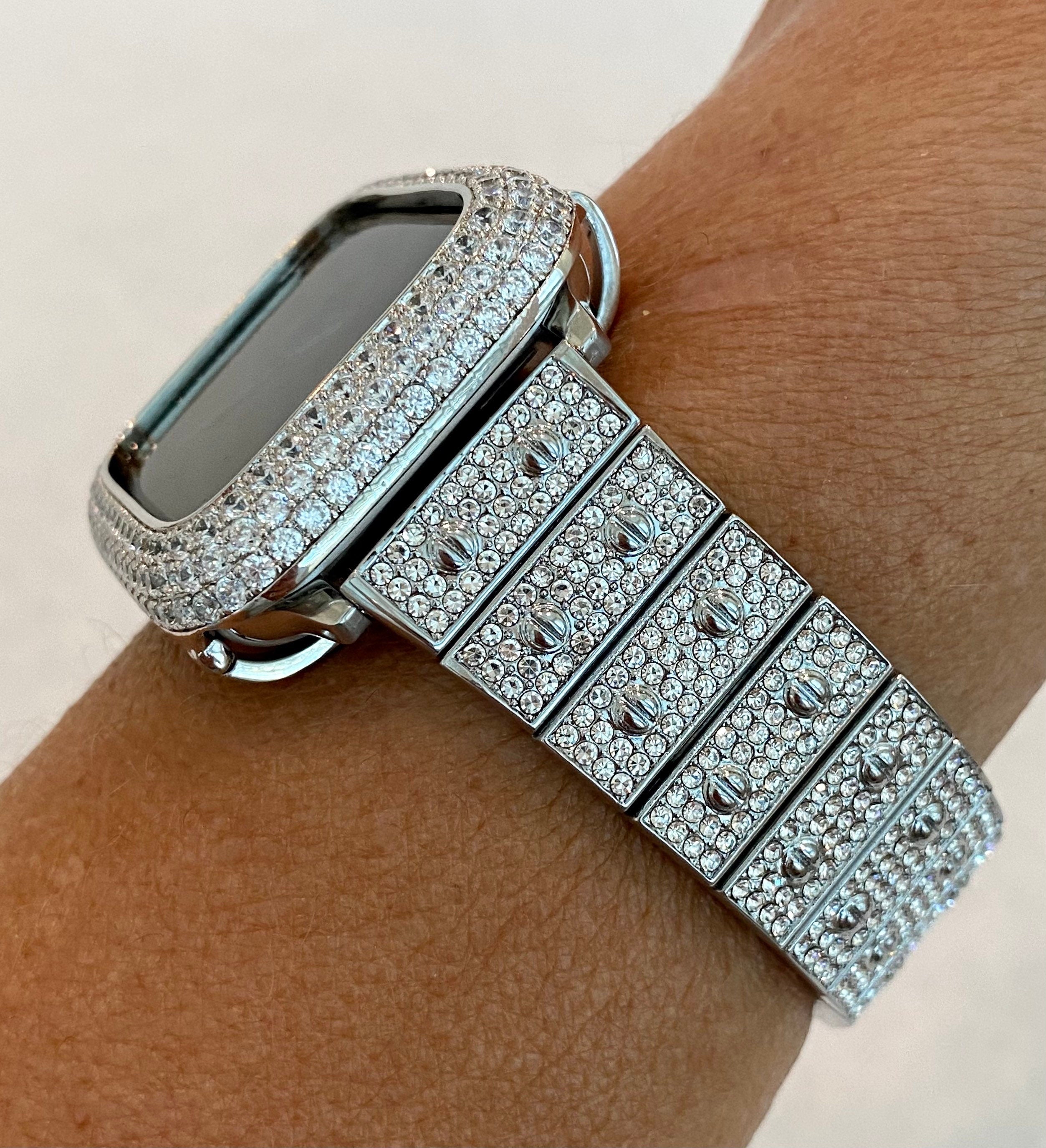 Apple Watch Band White Gold 41mm 45mm 49mm Swarovski Crystals & or Apple Watch Cover Lab Diamond Bezel Case Smartwatch Bumper 38mm-46mm