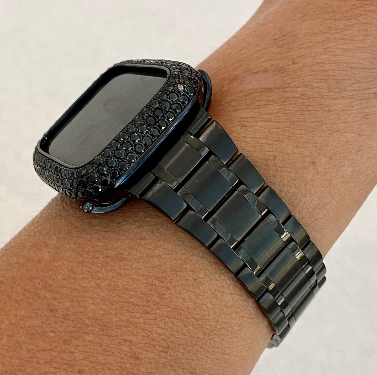 Black Apple Watch Band Series 10 Stainless Steel & or Apple Watch Cover Lab Diamond Bezel 38mm-49mm Protective Iphone Watch Case Bling