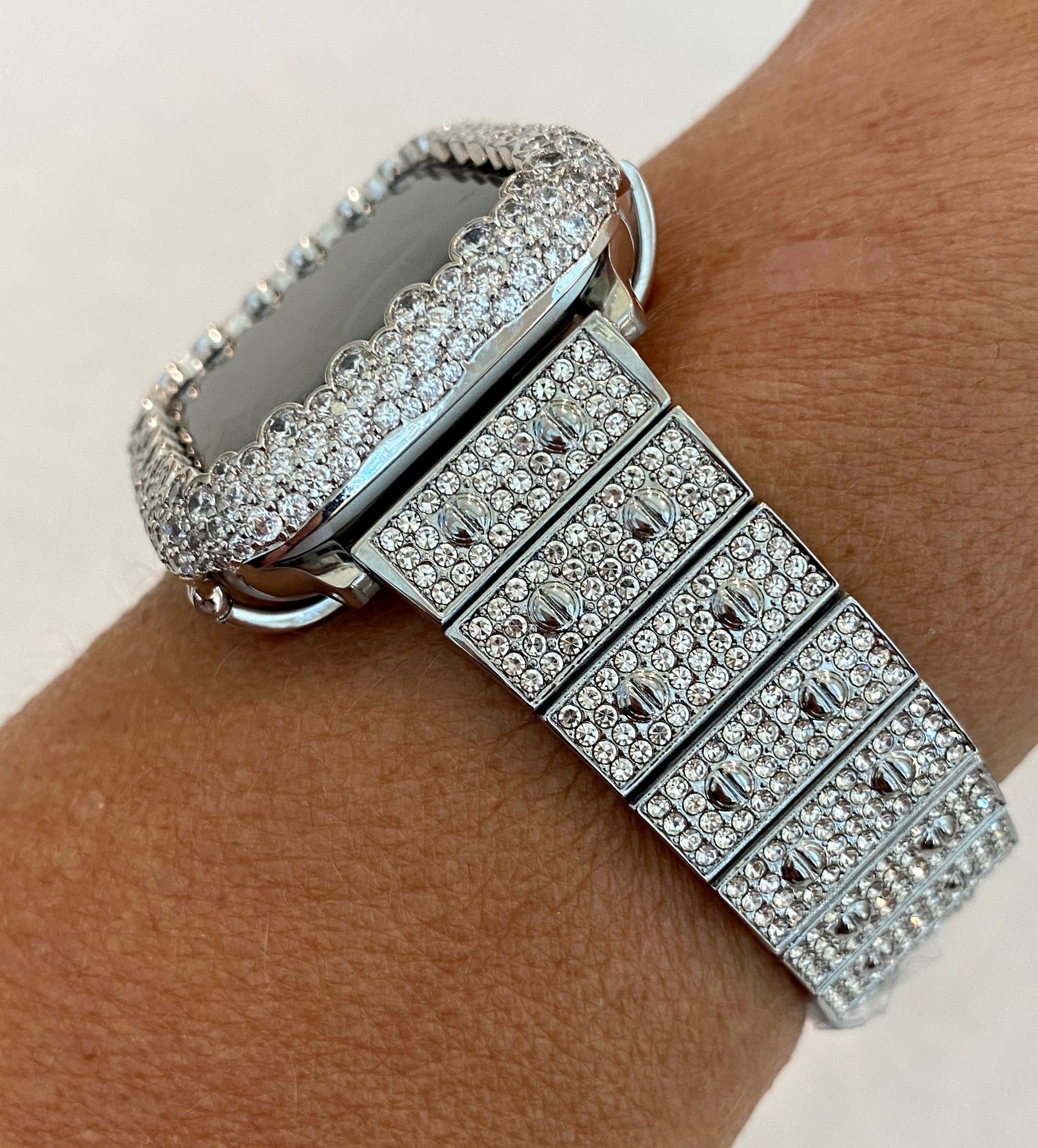 Silver Apple Watch Band Swarovski Crystal 38mm 40mm 41mm 42mm 44mm 45mm 46mm 49mm Ultra & or Apple Watch Case Lab Diamond Bezel Cover Bling