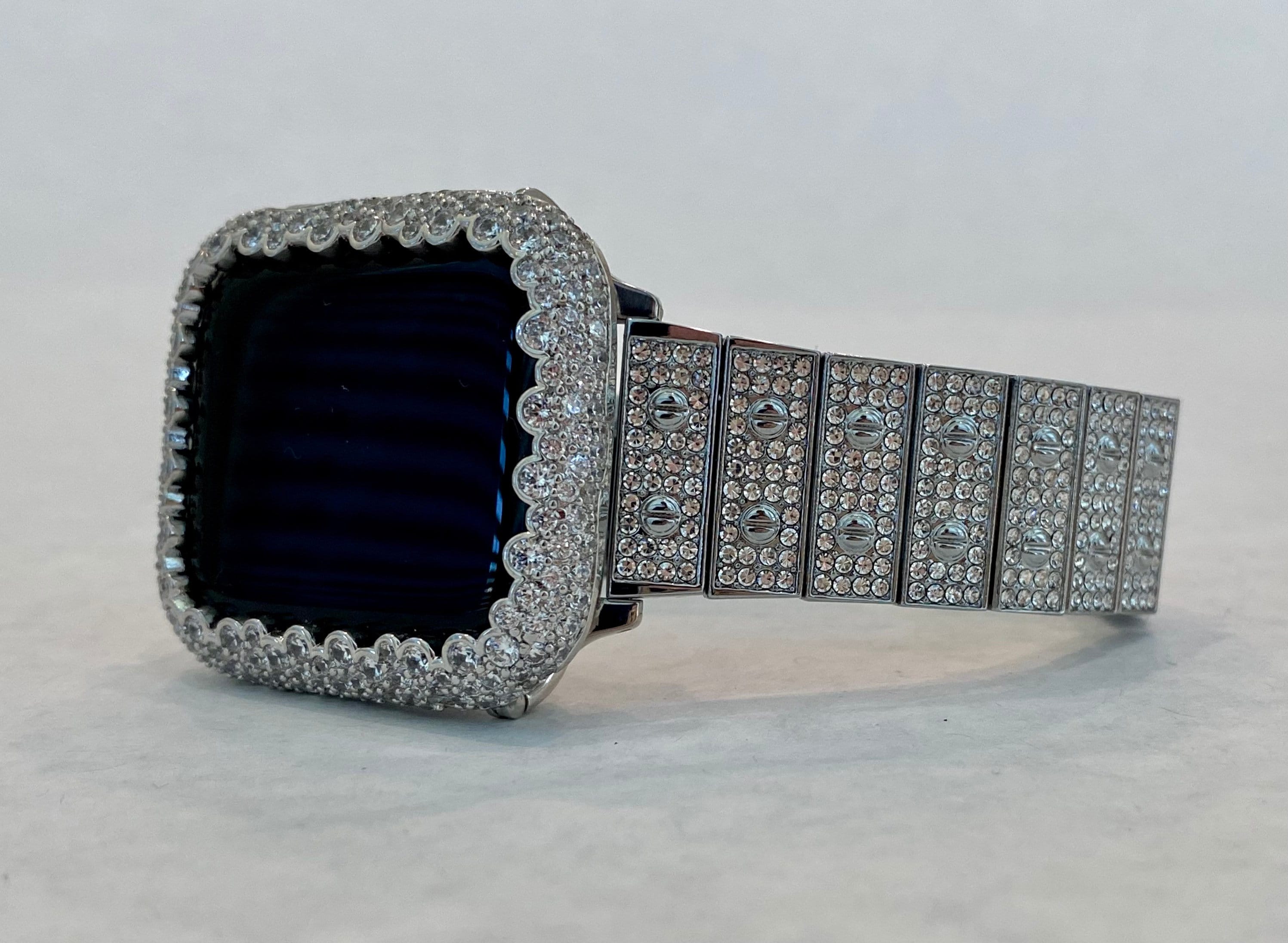 Silver Apple Watch Band Swarovski Crystal 38mm 40mm 41mm 42mm 44mm 45mm 46mm 49mm Ultra & or Apple Watch Case Lab Diamond Bezel Cover Bling