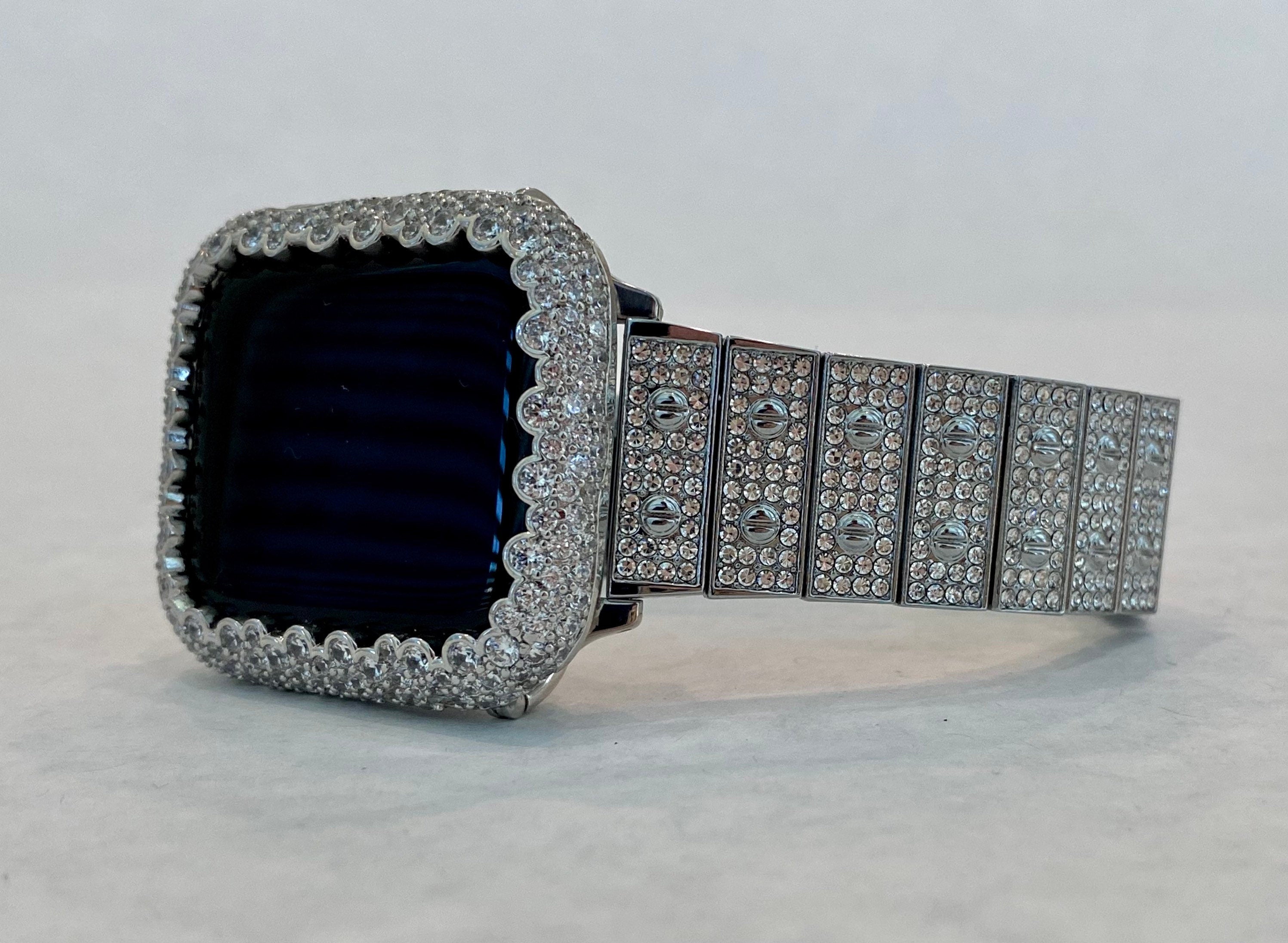 Silver Apple Watch Band Swarovski Crystal 38mm 40mm 41mm 42mm 44mm 45mm 46mm 49mm Ultra & or Apple Watch Case Lab Diamond Bezel Cover Bling