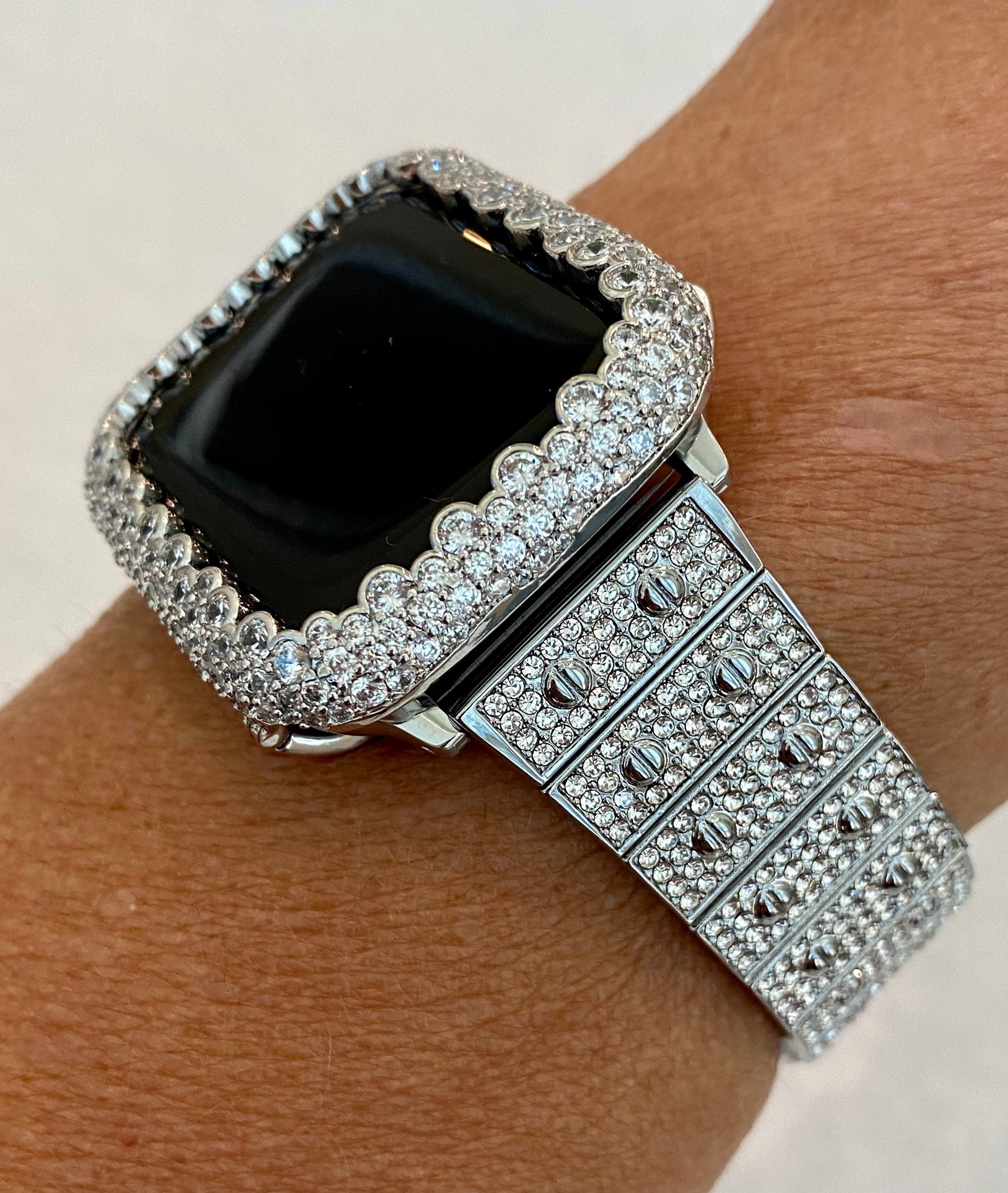 Silver Apple Watch Band Swarovski Crystal 38mm 40mm 41mm 42mm 44mm 45mm 46mm 49mm Ultra & or Apple Watch Case Lab Diamond Bezel Cover Bling