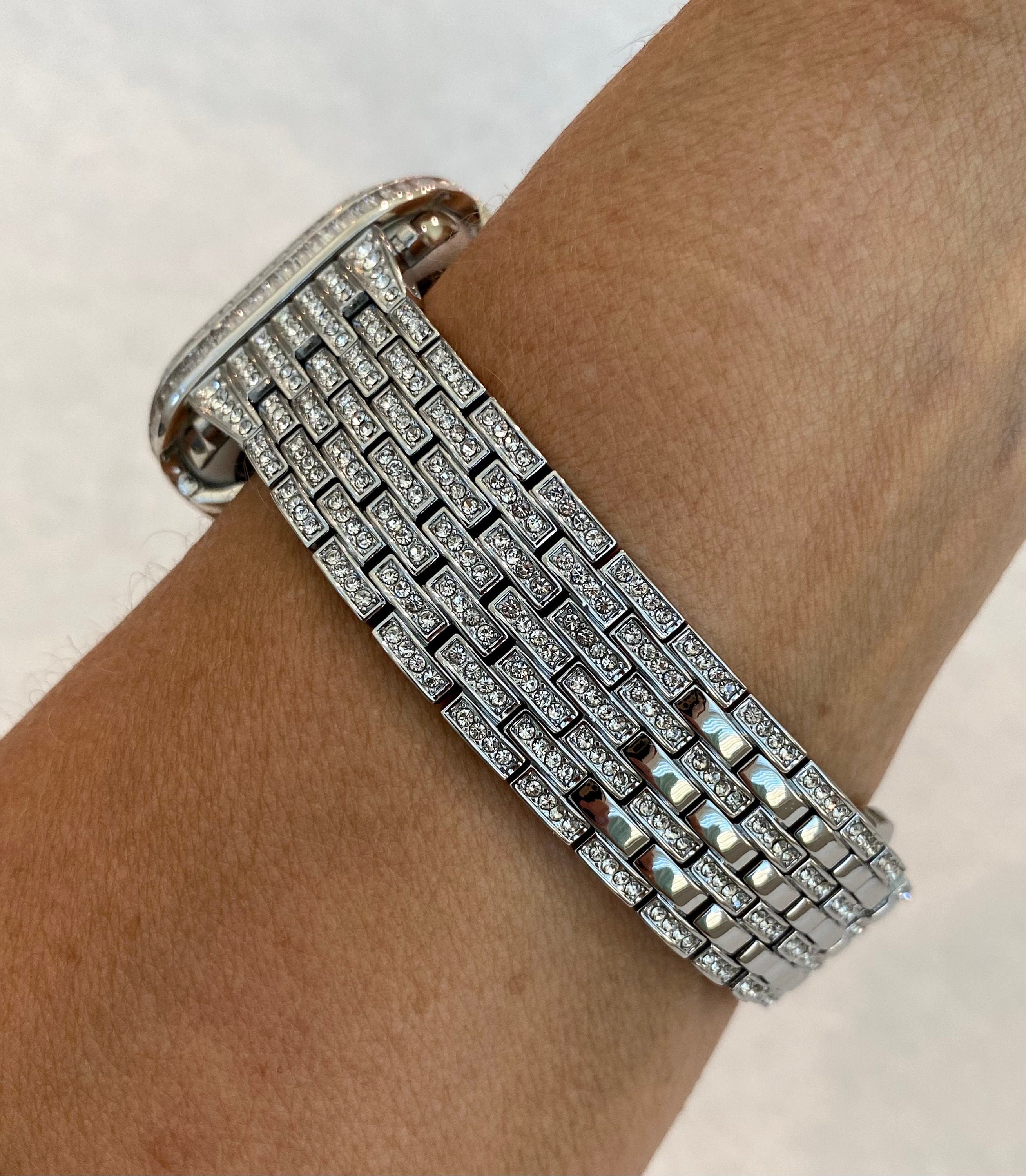 Custom Silver Apple Watch Band Stainless Steel Pave Swarovski Crystals & or Apple Watch Case Lab Diamond Baguette Bezel Bling 40mm-45mm
