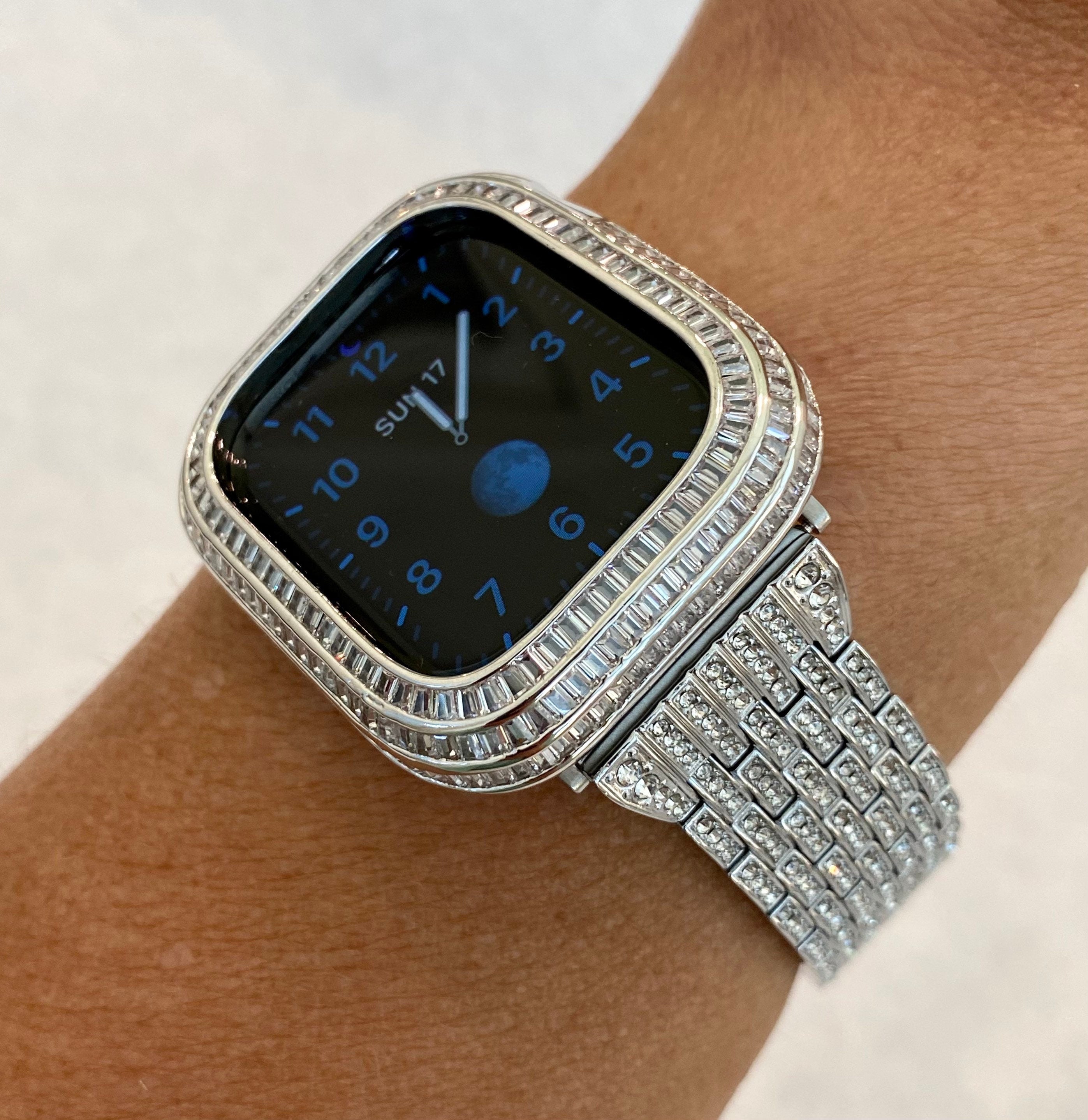 Custom Silver Apple Watch Band Stainless Steel Pave Swarovski Crystals & or Apple Watch Case Lab Diamond Baguette Bezel Bling 40mm-45mm