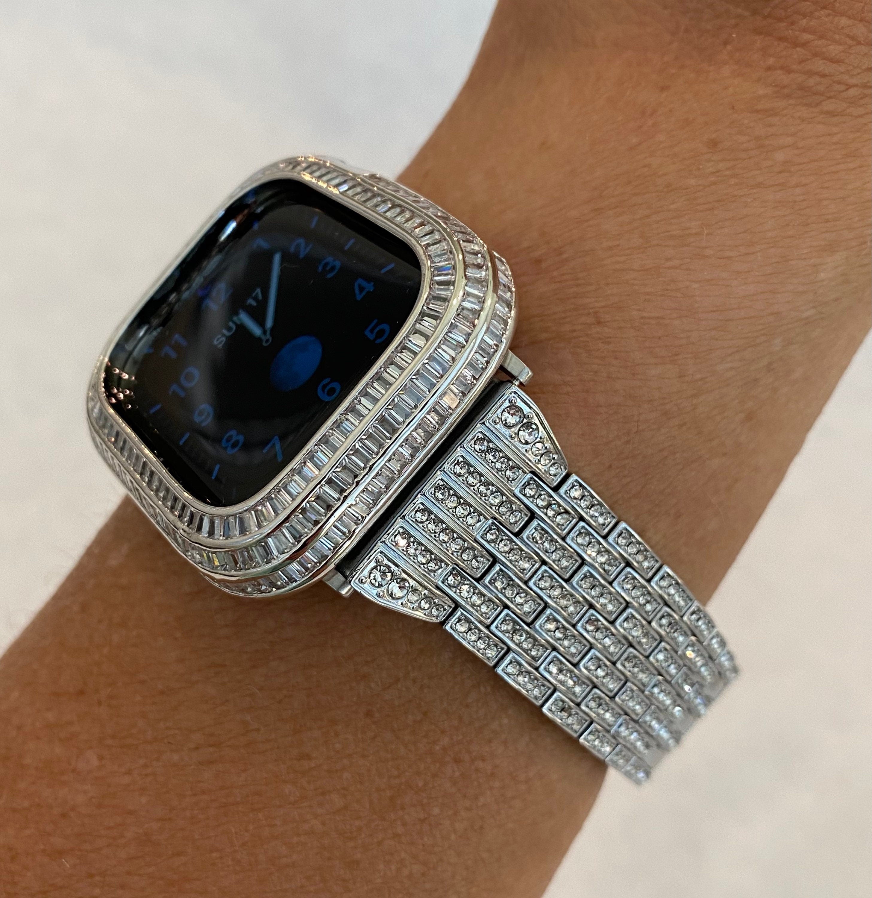 Custom Silver Apple Watch Band Stainless Steel Pave Swarovski Crystals & or Apple Watch Case Lab Diamond Baguette Bezel Bling 40mm-45mm
