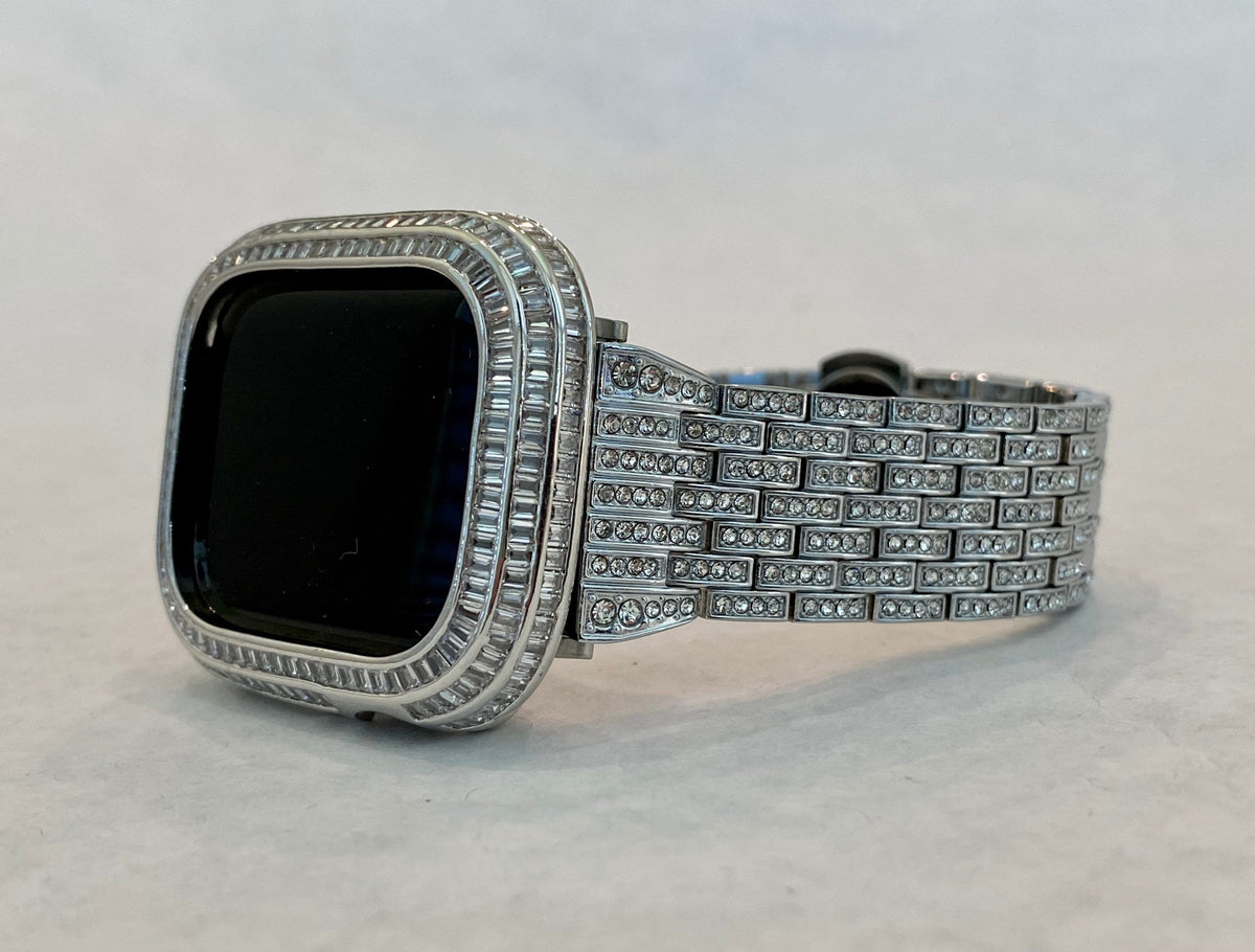 Custom Silver Apple Watch Band Stainless Steel Pave High End Crystals & or Apple Watch Case Lab Diamond Baguette Bezel Bling 40mm-45mm