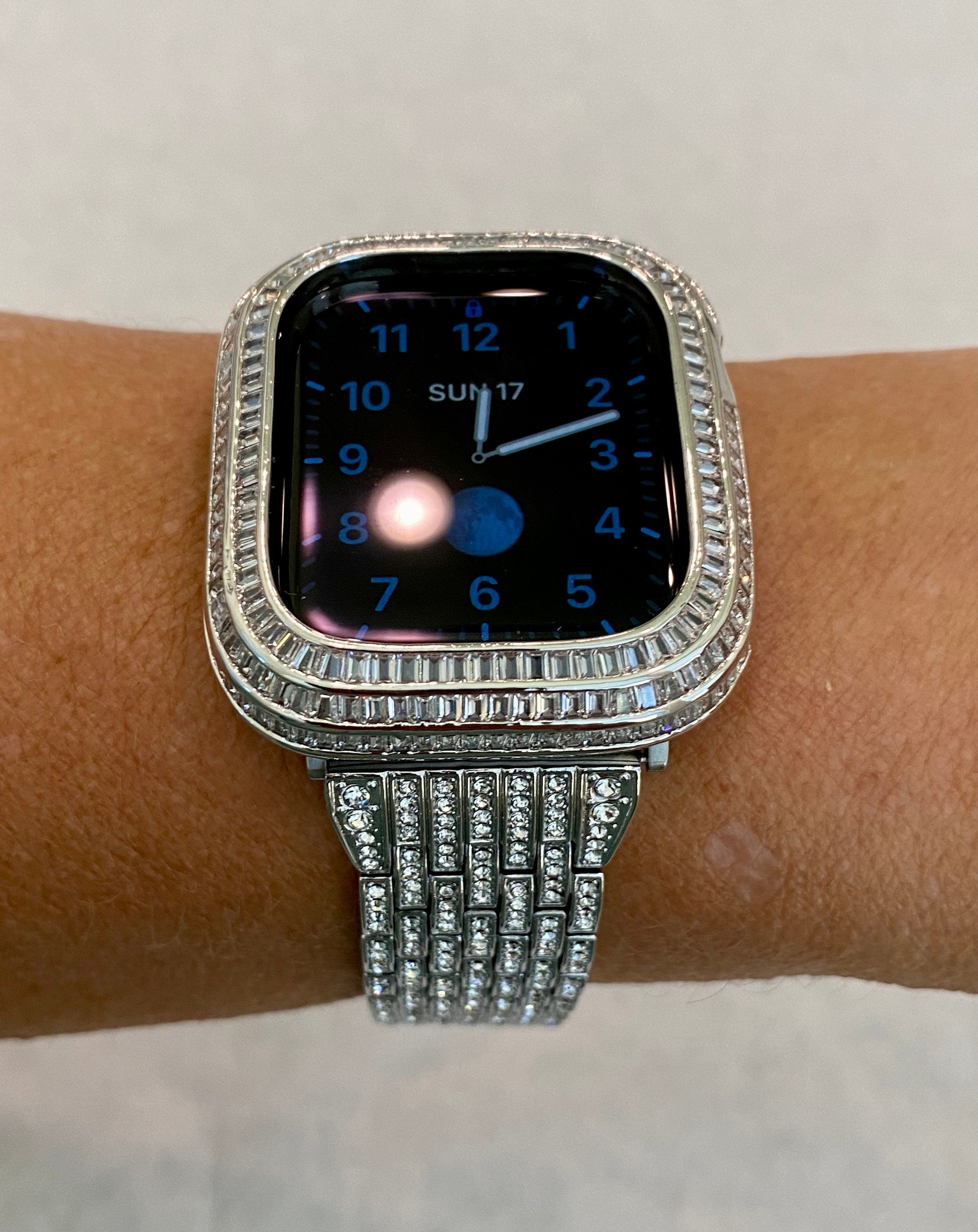 Custom Silver Apple Watch Band Stainless Steel Pave Swarovski Crystals & or Apple Watch Case Lab Diamond Baguette Bezel Bling 40mm-45mm