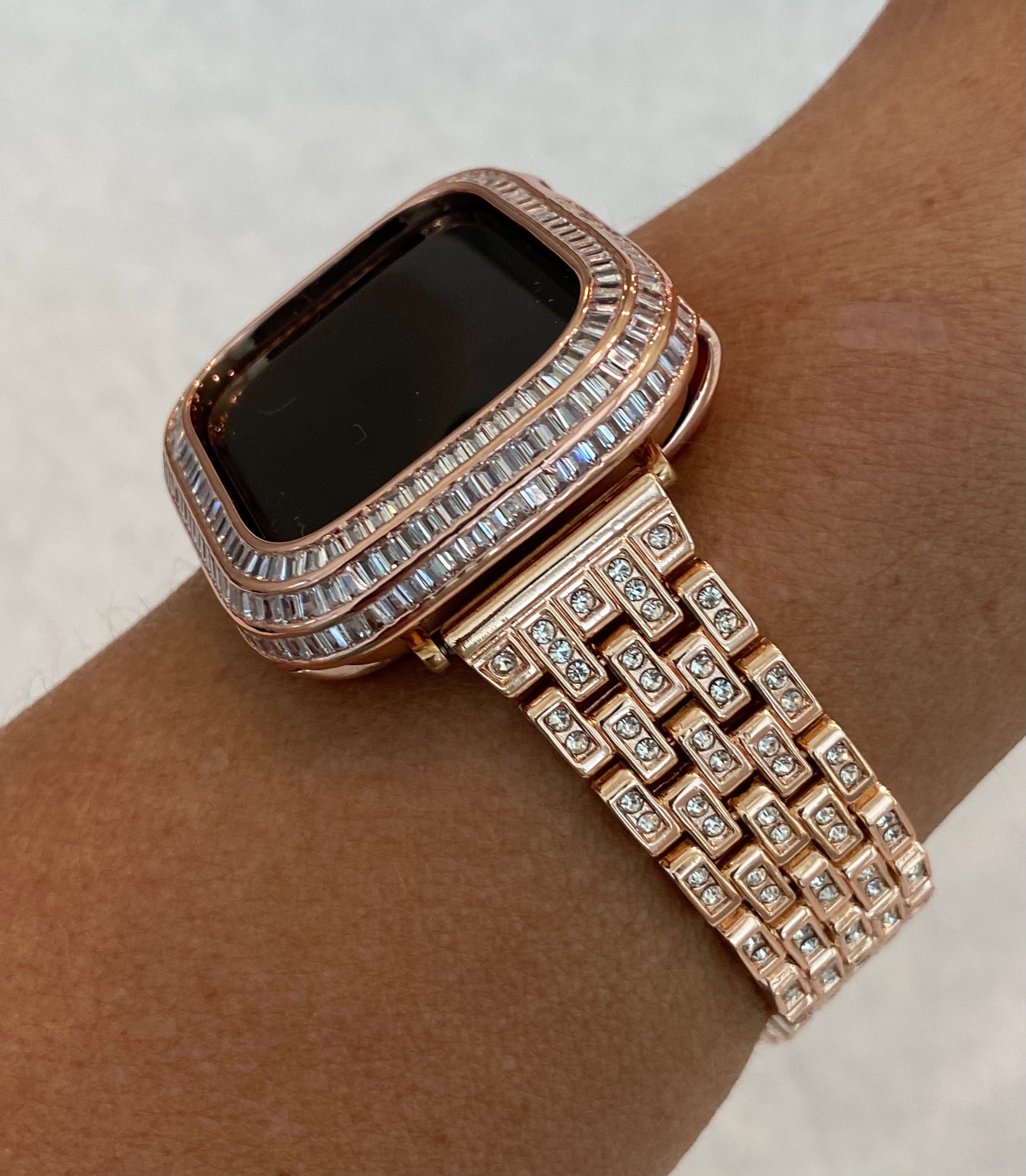 Rose Gold Apple Watch Band with Swarovski Crystals & or Apple Watch Cover Baguette Lab Diamond Bezel Cover 40mm 41mm 44mm 45mm