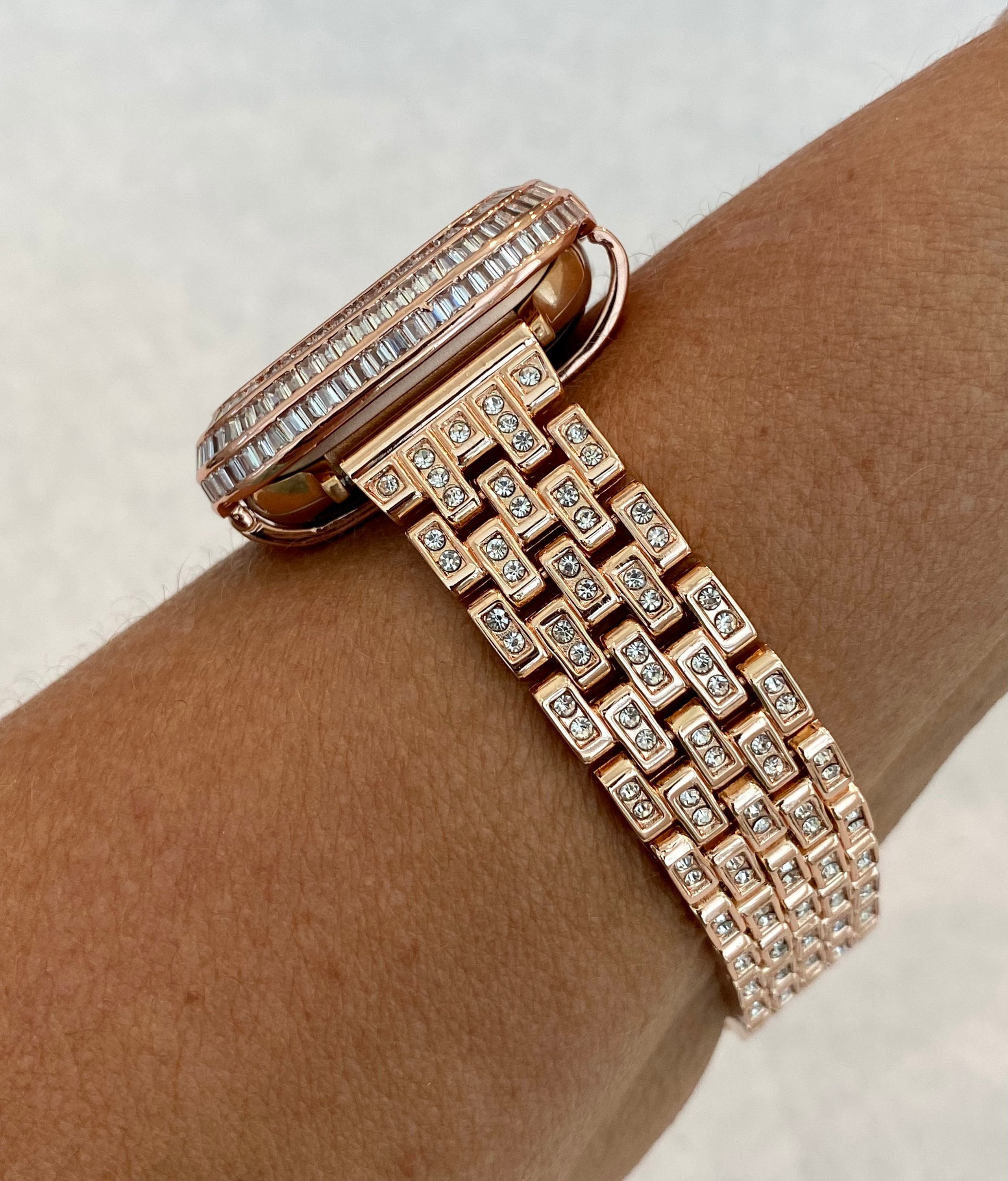 Rose Gold Apple Watch Band with Swarovski Crystals & or Apple Watch Cover Baguette Lab Diamond Bezel Cover 40mm 41mm 44mm 45mm
