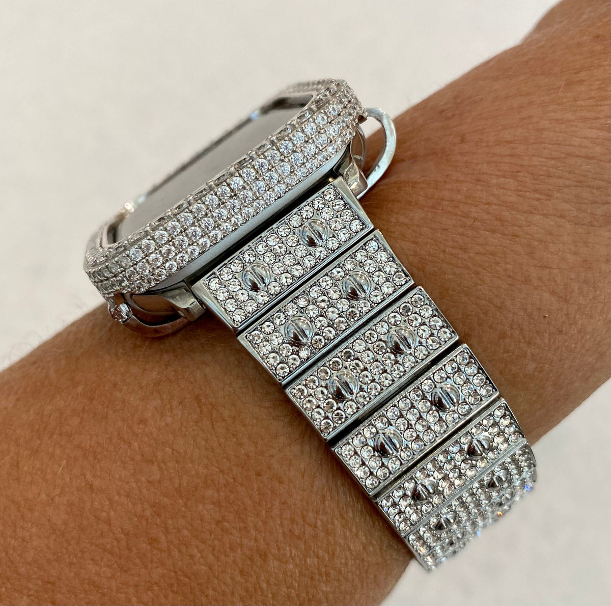 Silver Apple Watch Band 41mm 45mm 49mm Ultra High End Crystal & or Apple Watch Cover Lab Diamond Bezel Bling Smartwatch 38mm 40mm 42mm 44mm