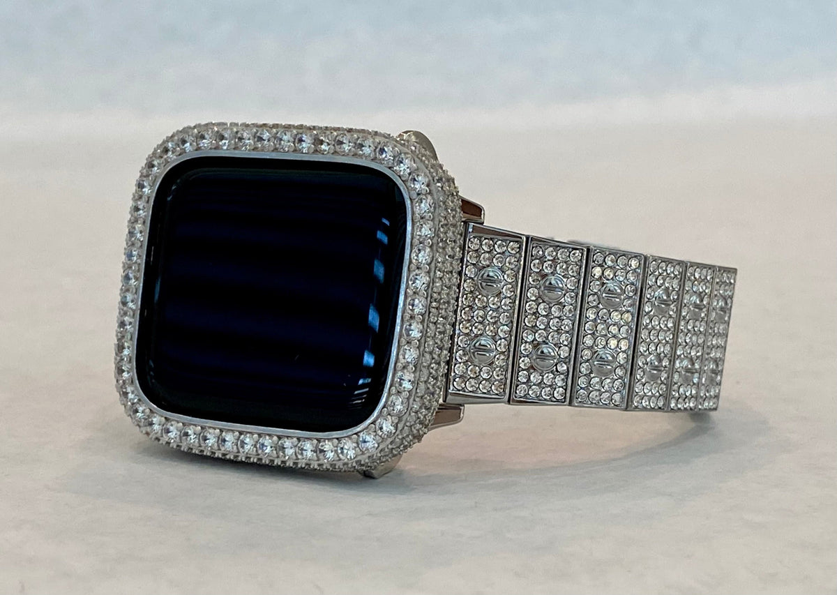Silver Apple Watch Band 41mm 45mm 49mm Ultra High End Crystal & or Apple Watch Cover Lab Diamond Bezel Bling Smartwatch 38mm 40mm 42mm 44mm