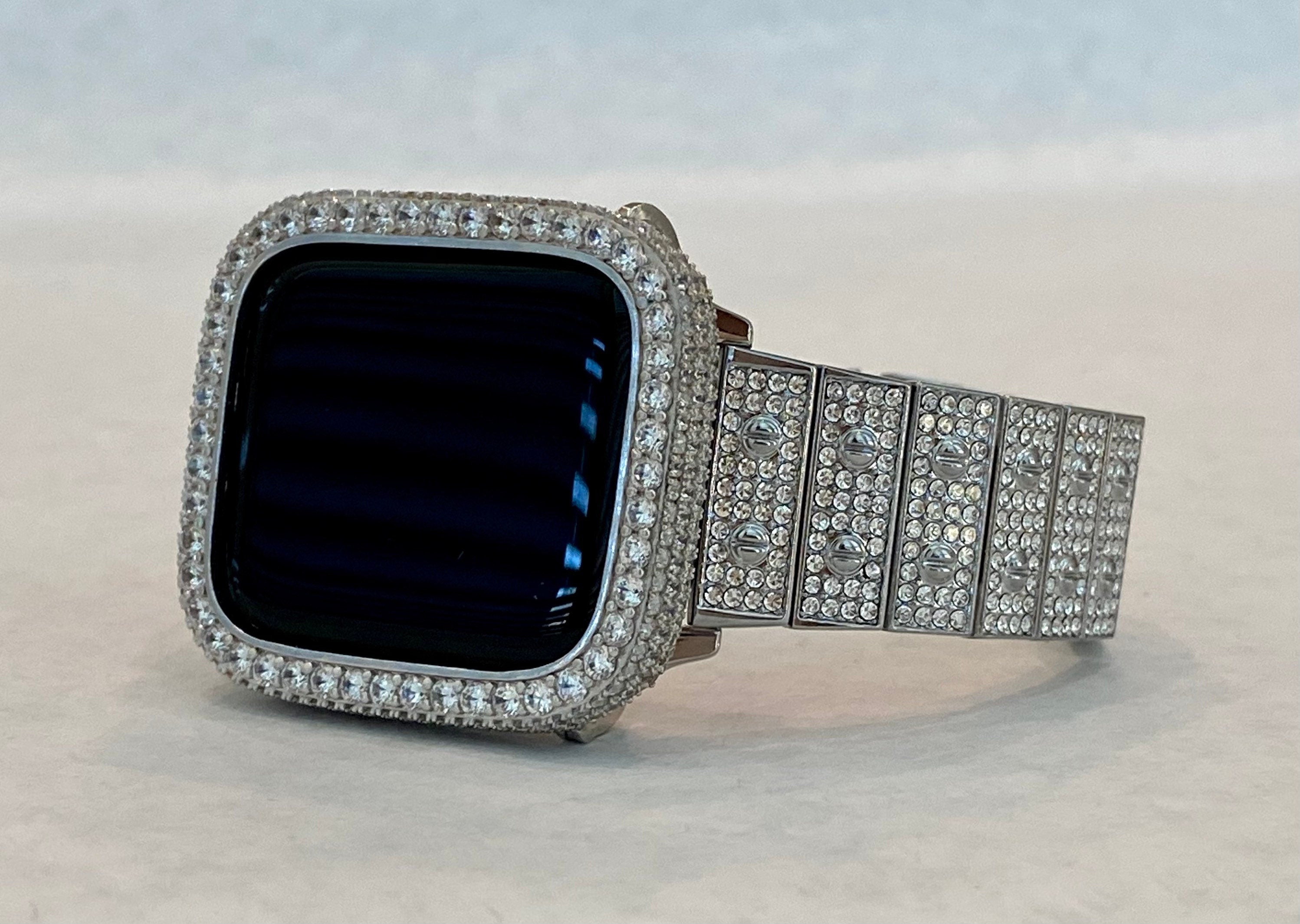 Silver Apple Watch Band Pave Swarovski Crystal 38 40 41 42 44 45 46 49mm Ultra & orApple Watch Cover Lab Diamond Bezel Bling Series 2-11