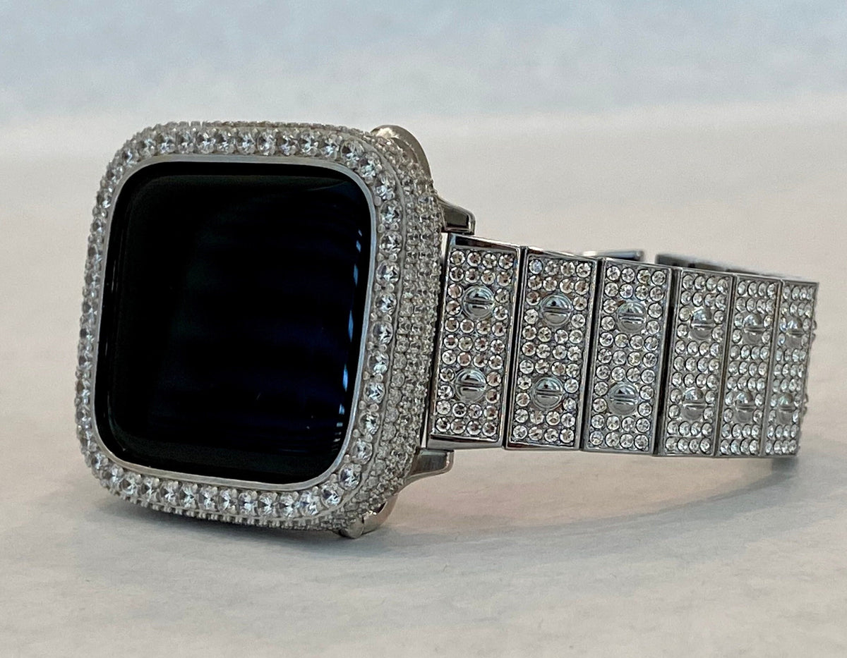 Silver Apple Watch Band 41mm 45mm 49mm Ultra High End Crystal & or Apple Watch Cover Lab Diamond Bezel Bling Smartwatch 38mm 40mm 42mm 44mm