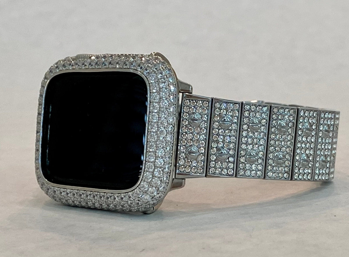 Apple Watch Band White Gold 38mm 40mm 41mm 42mm 44mm 45mm 46mm 49mm Ultra Swarovski Crystal & or Silver Apple Watch Case Lab Diamond Bezel